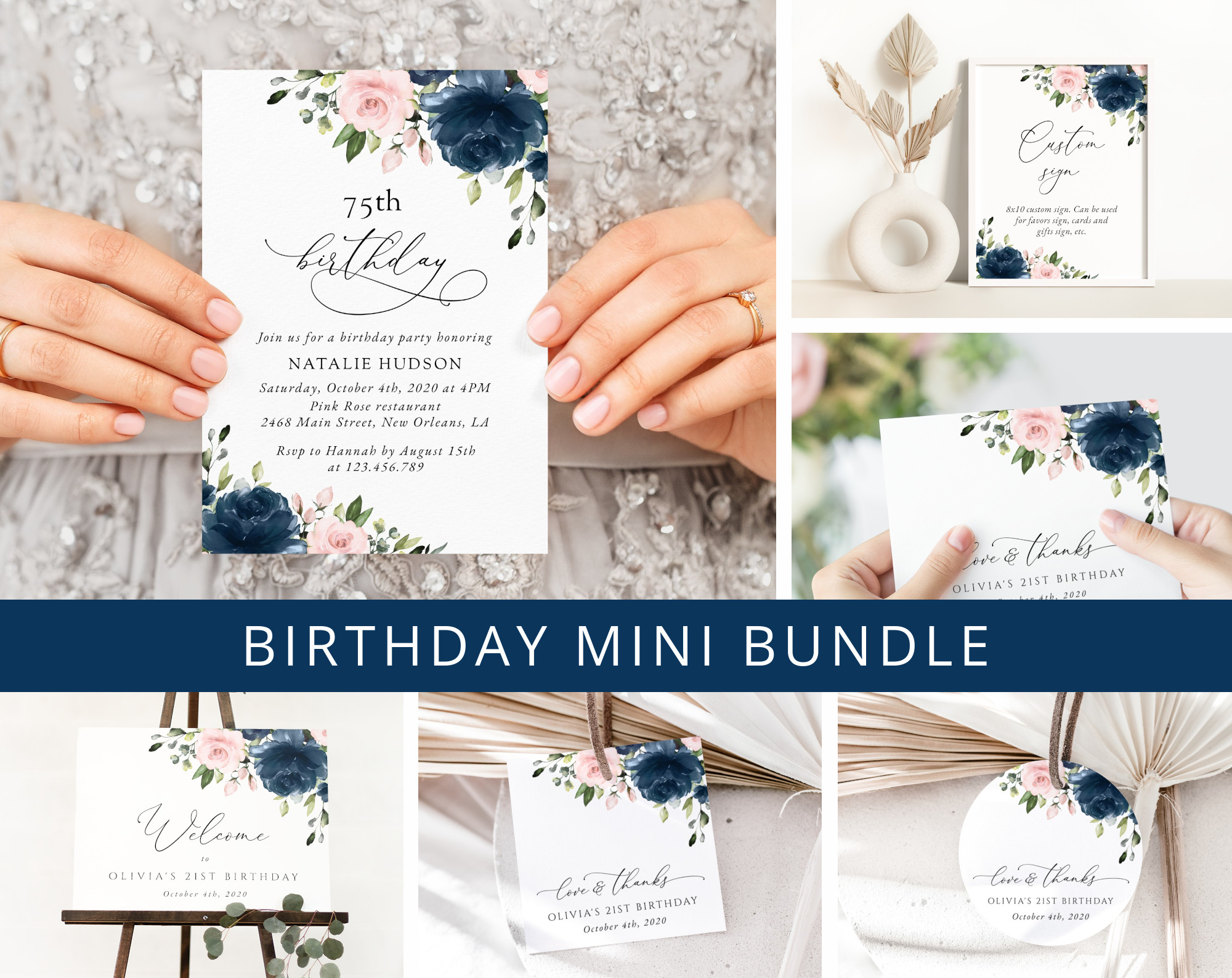 Navy and Blush Flowers Birthday Mini Bundle, Girl Birthday, Any Birthday, Printable File, Edit Yourself, SH96 Navy and Blush Flowers Birthday Mini Bundle, Girl Birthday, Any Birthday, Printable File, Edit Yourself, SH96