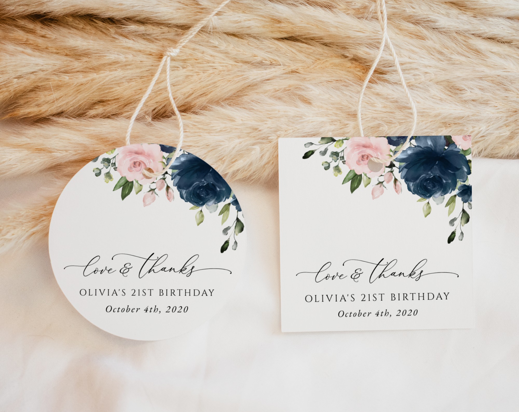 Navy and Blush Flowers Favor Tags, Gift Tags, Girl Birthday, Printable File, Edit Yourself, SH96