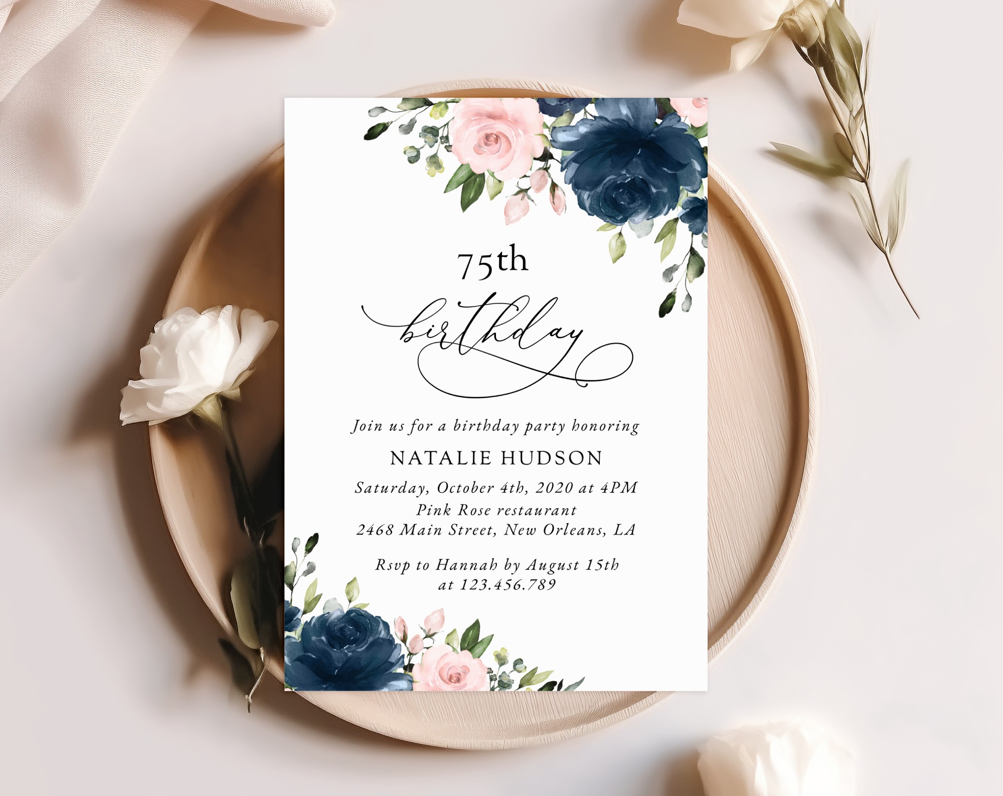 Navy and Blush Flowers Birthday Invitation, Girl Birthday, Any Birthday, Printable File, Edit Yourself, SH96