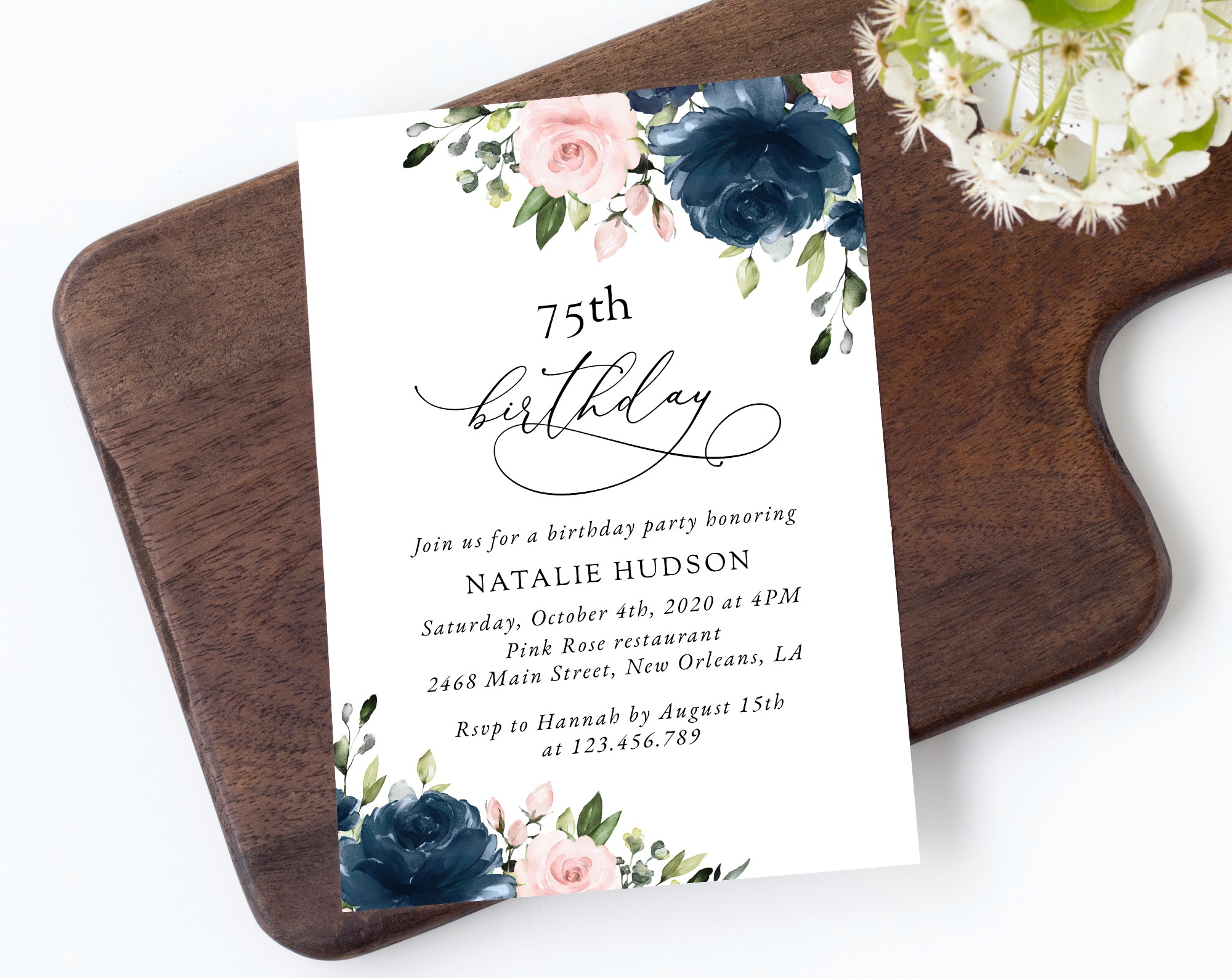 Navy and Blush Flowers Birthday Invitation, Girl Birthday, Any Birthday, Printable File, Edit Yourself, SH96