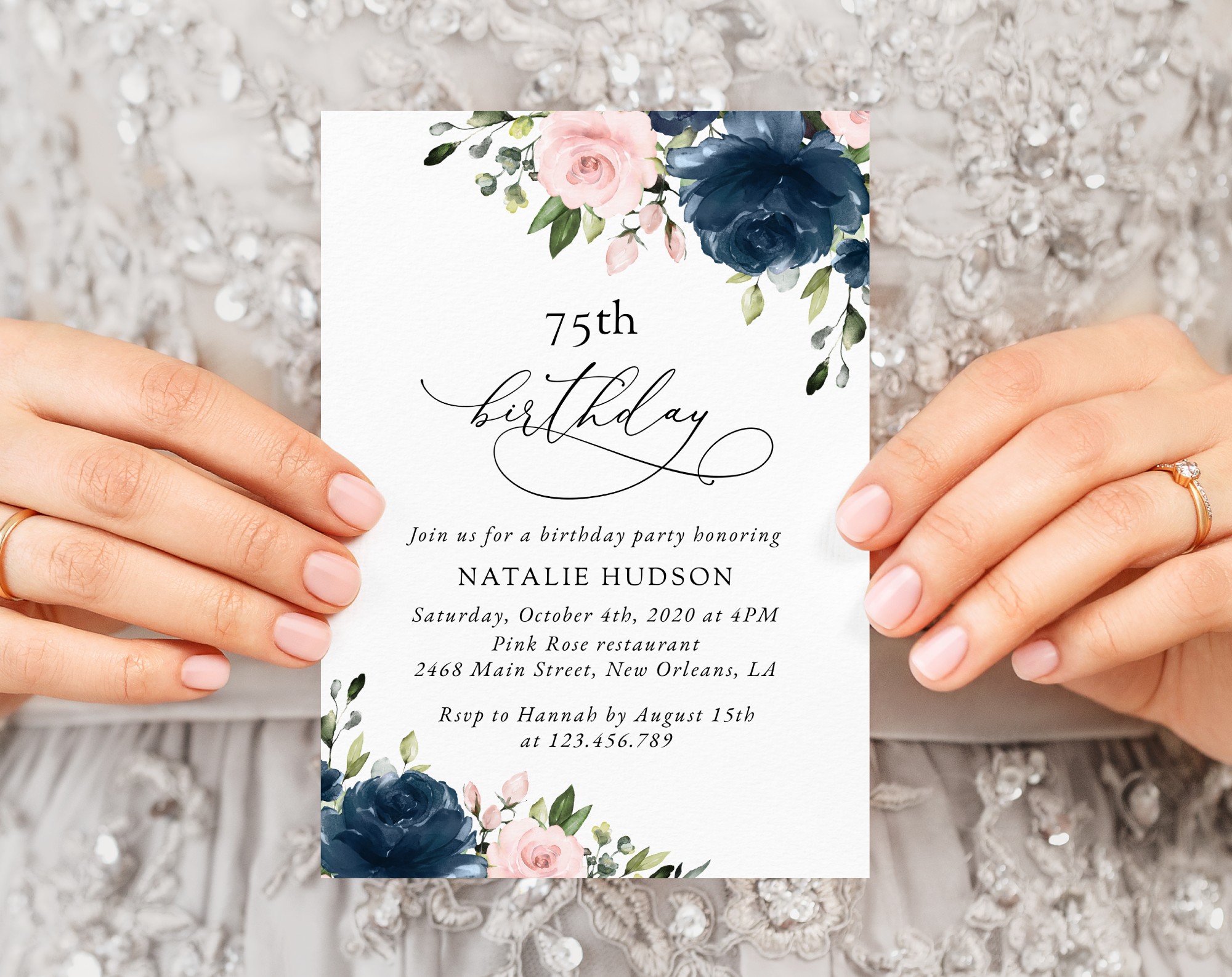 Navy and Blush Flowers Birthday Invitation, Girl Birthday, Any Birthday, Printable File, Edit Yourself, SH96