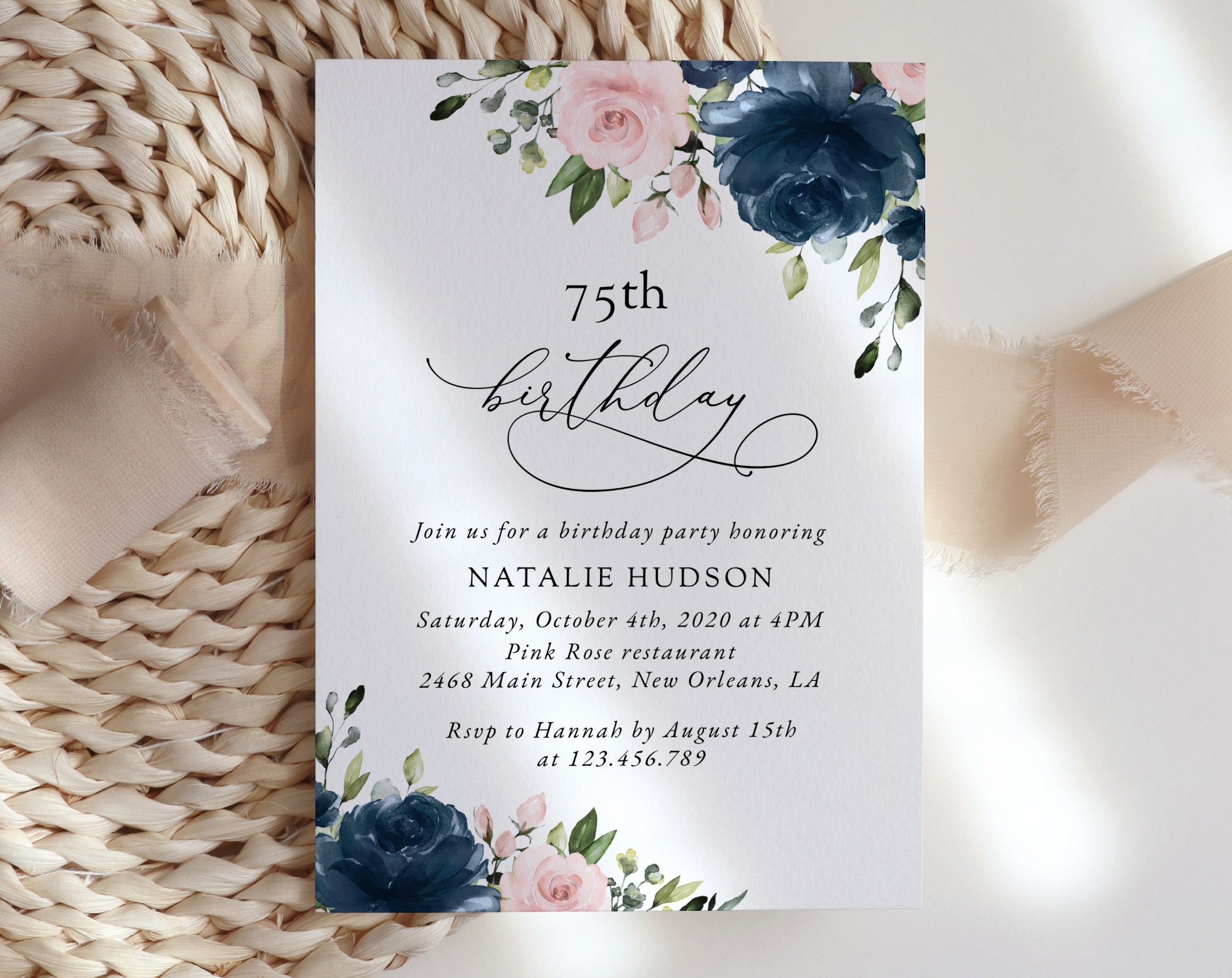 Navy and Blush Flowers Birthday Invitation, Girl Birthday, Any Birthday, Printable File, Edit Yourself, SH96