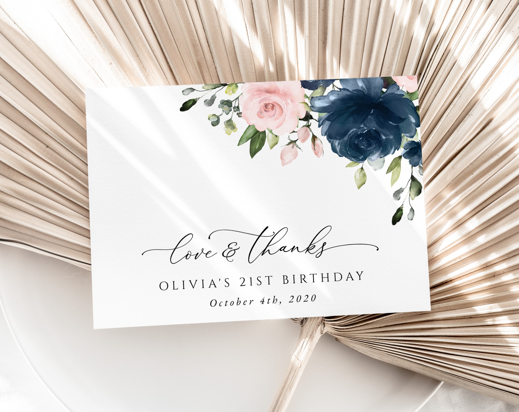 Navy and Blush Flowers Thank You Card, Girl Birthday, Printable File, Edit Yourself, SH96