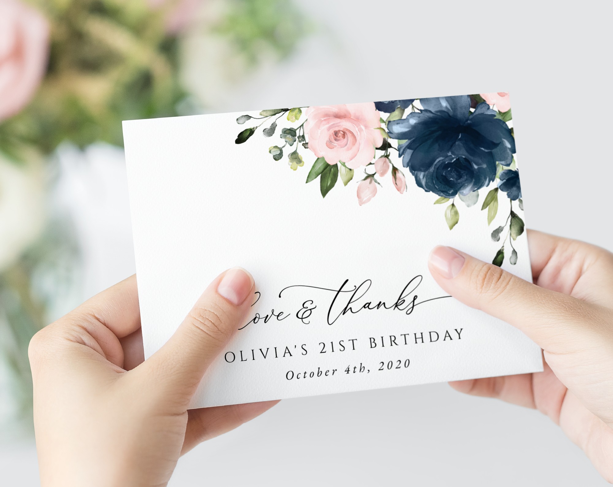Navy and Blush Flowers Thank You Card, Girl Birthday, Printable File, Edit Yourself, SH96