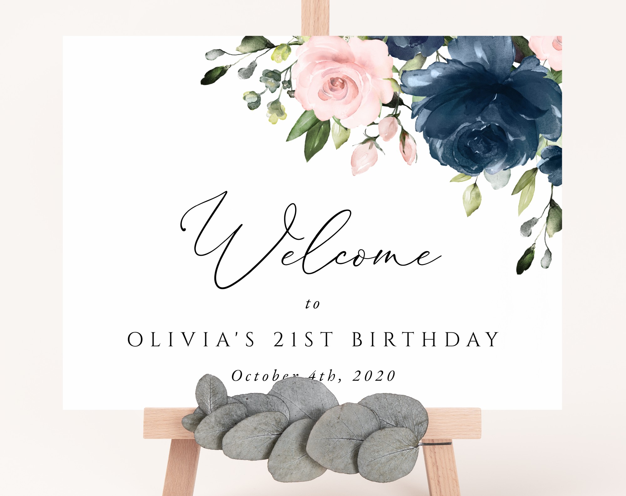 Navy and Blush Flowers Welcome Sign, Birthday Sign, Girl Birthday, Printable File, Edit Yourself, SH96