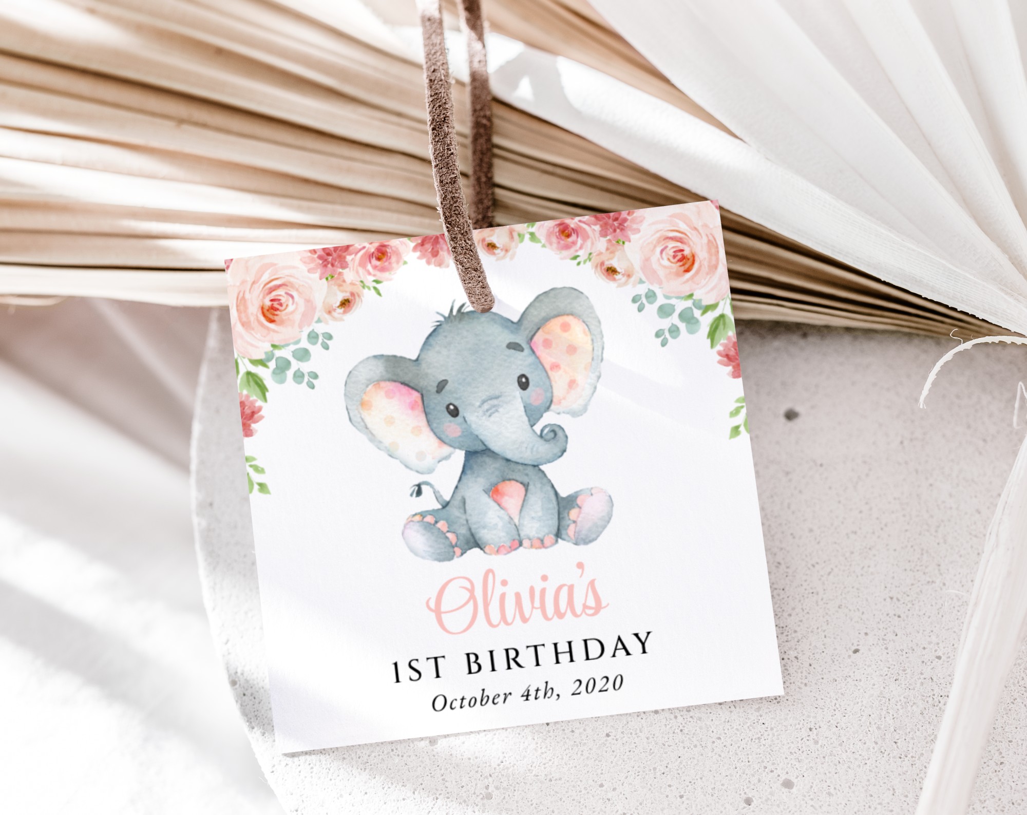 Little Elephant Favor Tags, Gift Tags, First Birthday, Girl Birthday, Printable File, Edit Yourself, SH97