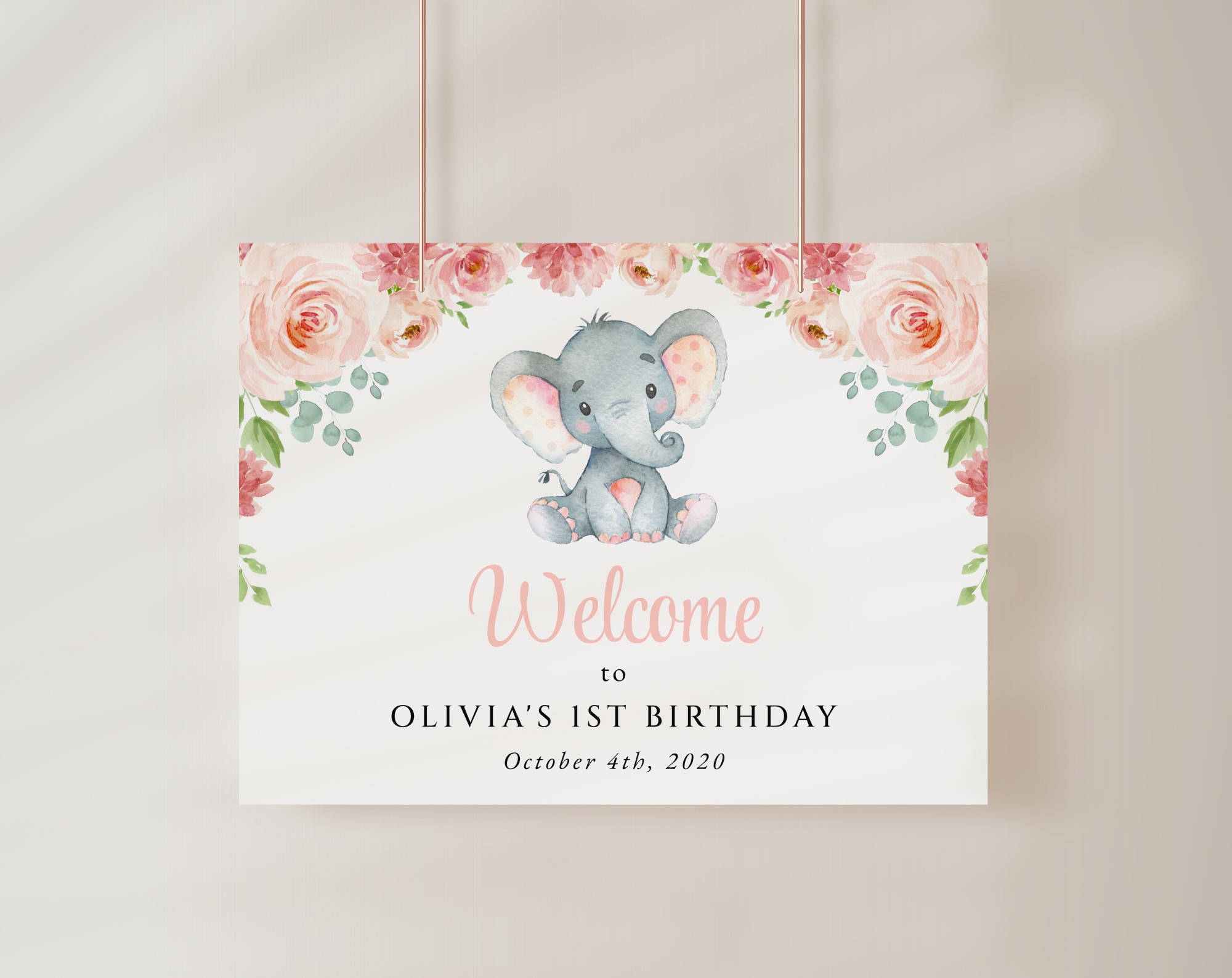 Little Elephant Welcome Sign, Birthday Sign, First Birthday, Girl Birthday, Printable File, Edit Yourself, SH97
