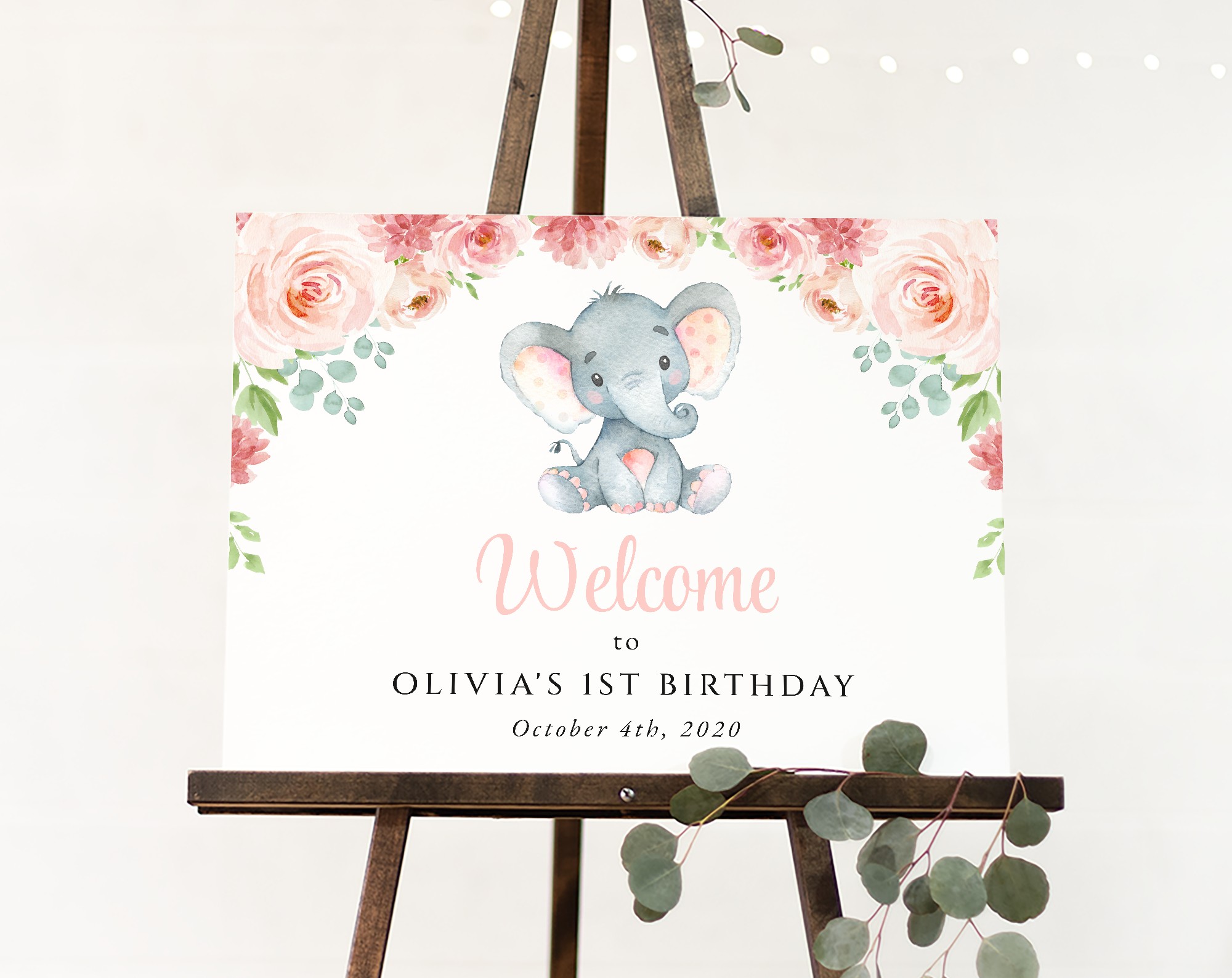 Little Elephant Welcome Sign, Birthday Sign, First Birthday, Girl Birthday, Printable File, Edit Yourself, SH97