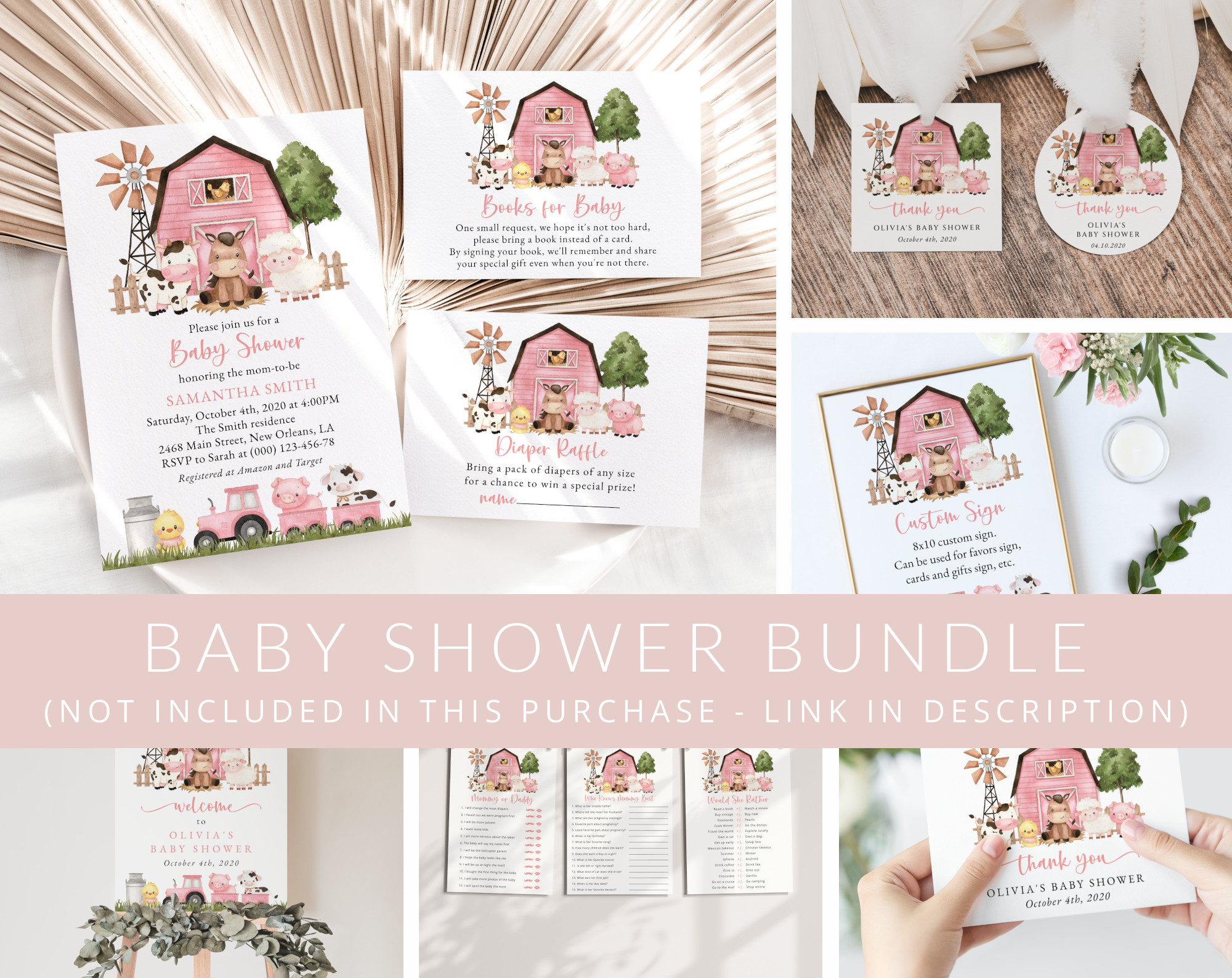 Farm Animals and Pink Barn Baby Shower Mini Bundle, Girl Baby Shower, Printable File, Edit Yourself, SH98 Farm Animals and Pink Barn Baby Shower Mini Bundle, Girl Baby Shower, Printable File, Edit Yourself, SH98