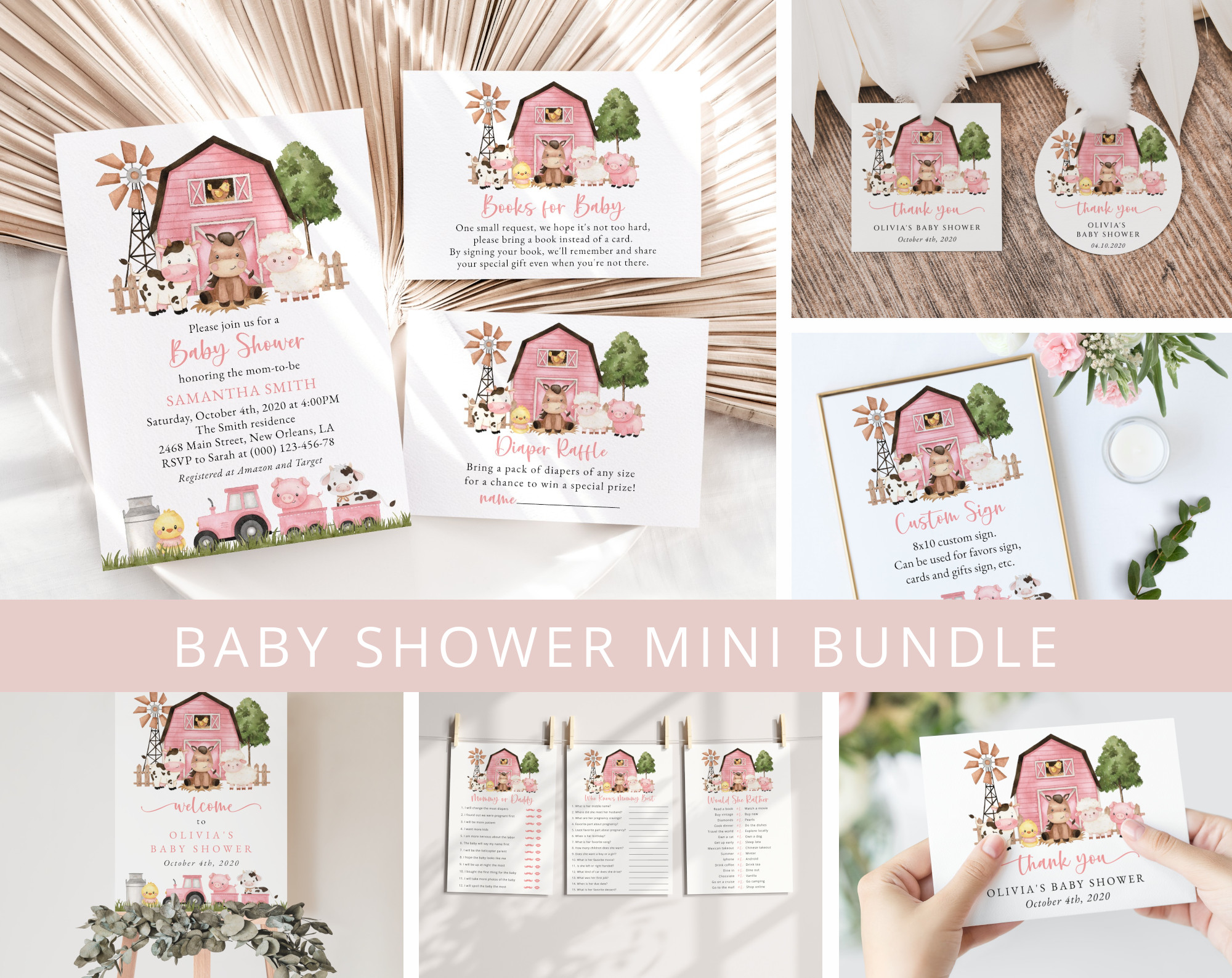 Farm Animals and Pink Barn Baby Shower Mini Bundle, Girl Baby Shower, Printable File, Edit Yourself, SH98