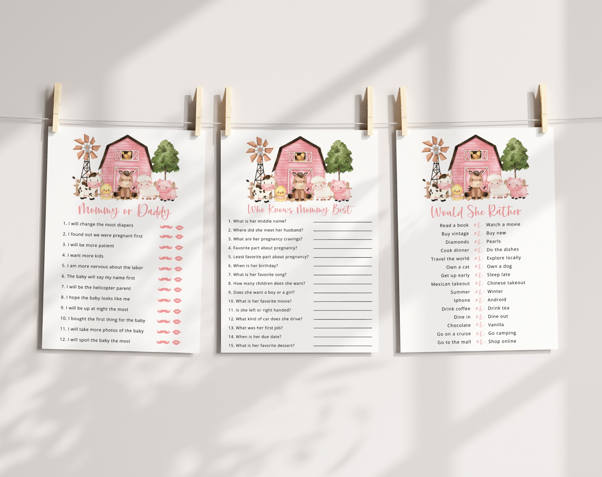 Farm Animals and Pink Barn Baby Shower Games, Set of 3 Games, Girl Baby Shower, Printable File, Edit Yourself, SH98 Farm Animals and Pink Barn Baby Shower Games, Set of 3 Games, Girl Baby Shower, Printable File, Edit Yourself, SH98