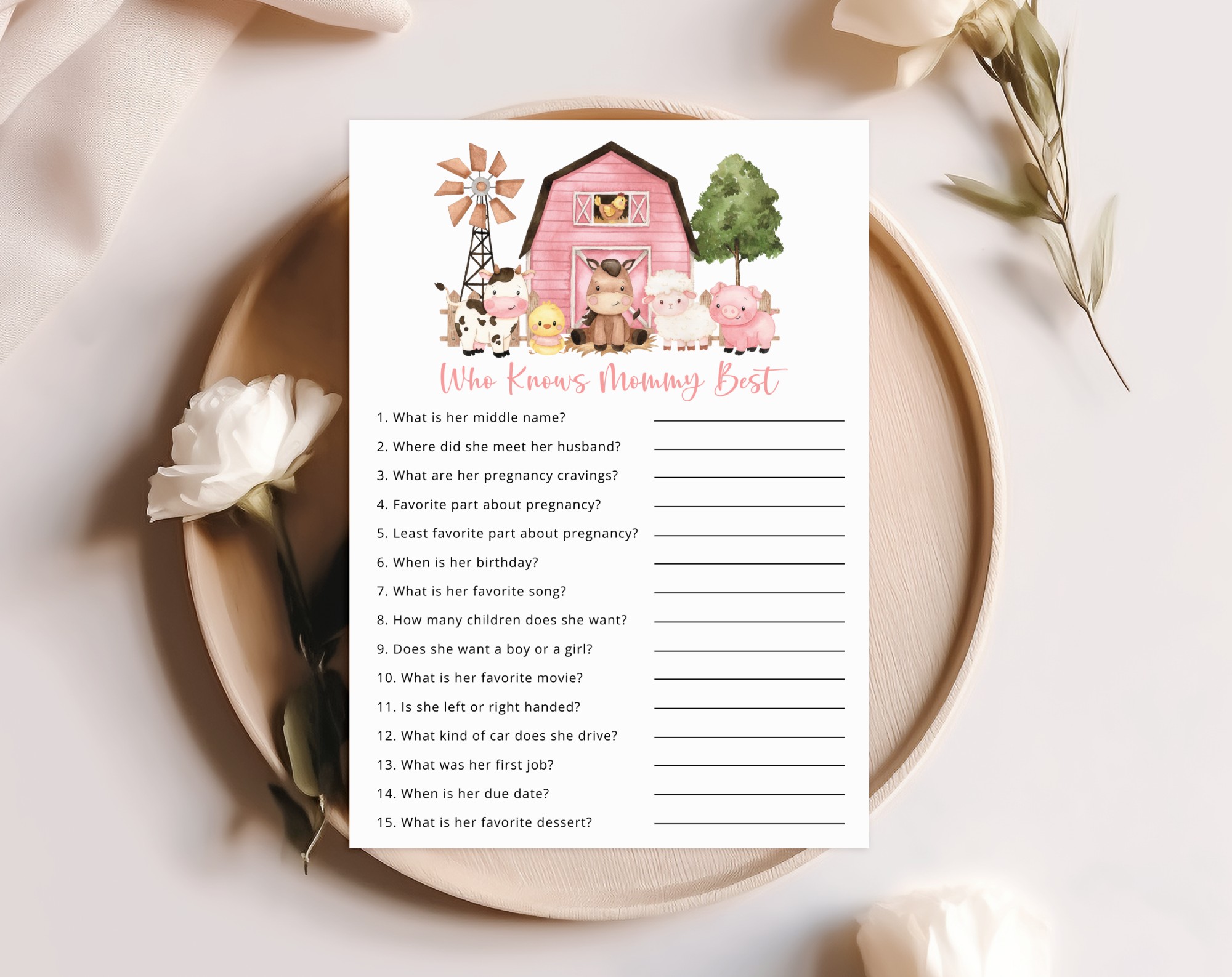 Farm Animals and Pink Barn Baby Shower Games, Set of 3 Games, Girl Baby Shower, Printable File, Edit Yourself, SH98