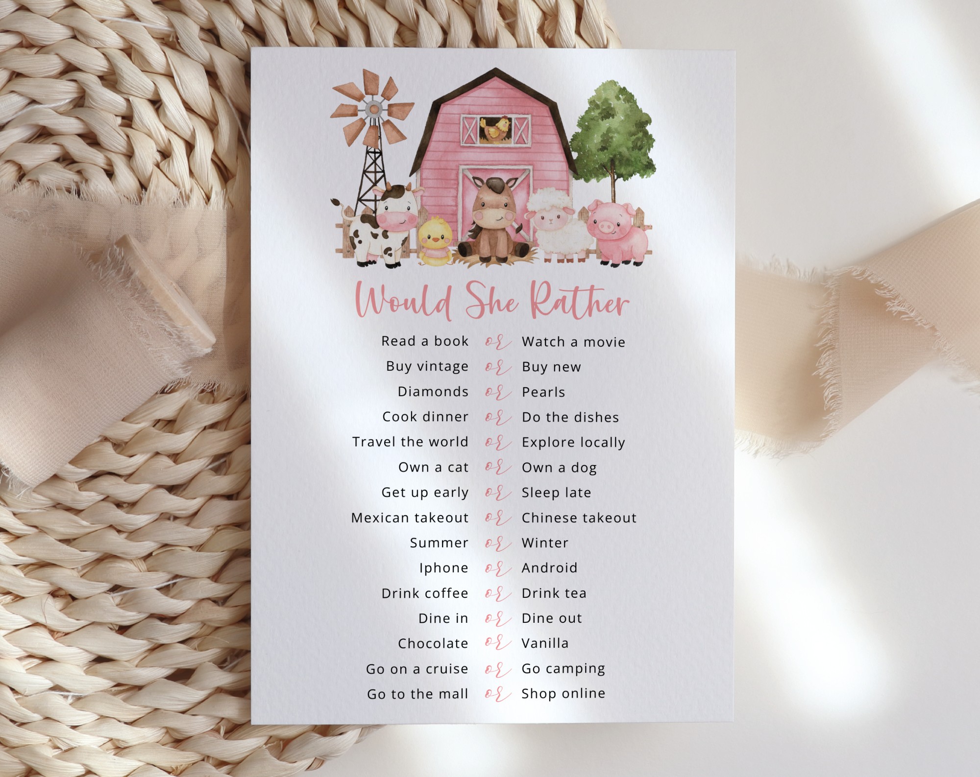 Farm Animals and Pink Barn Baby Shower Games, Set of 3 Games, Girl Baby Shower, Printable File, Edit Yourself, SH98