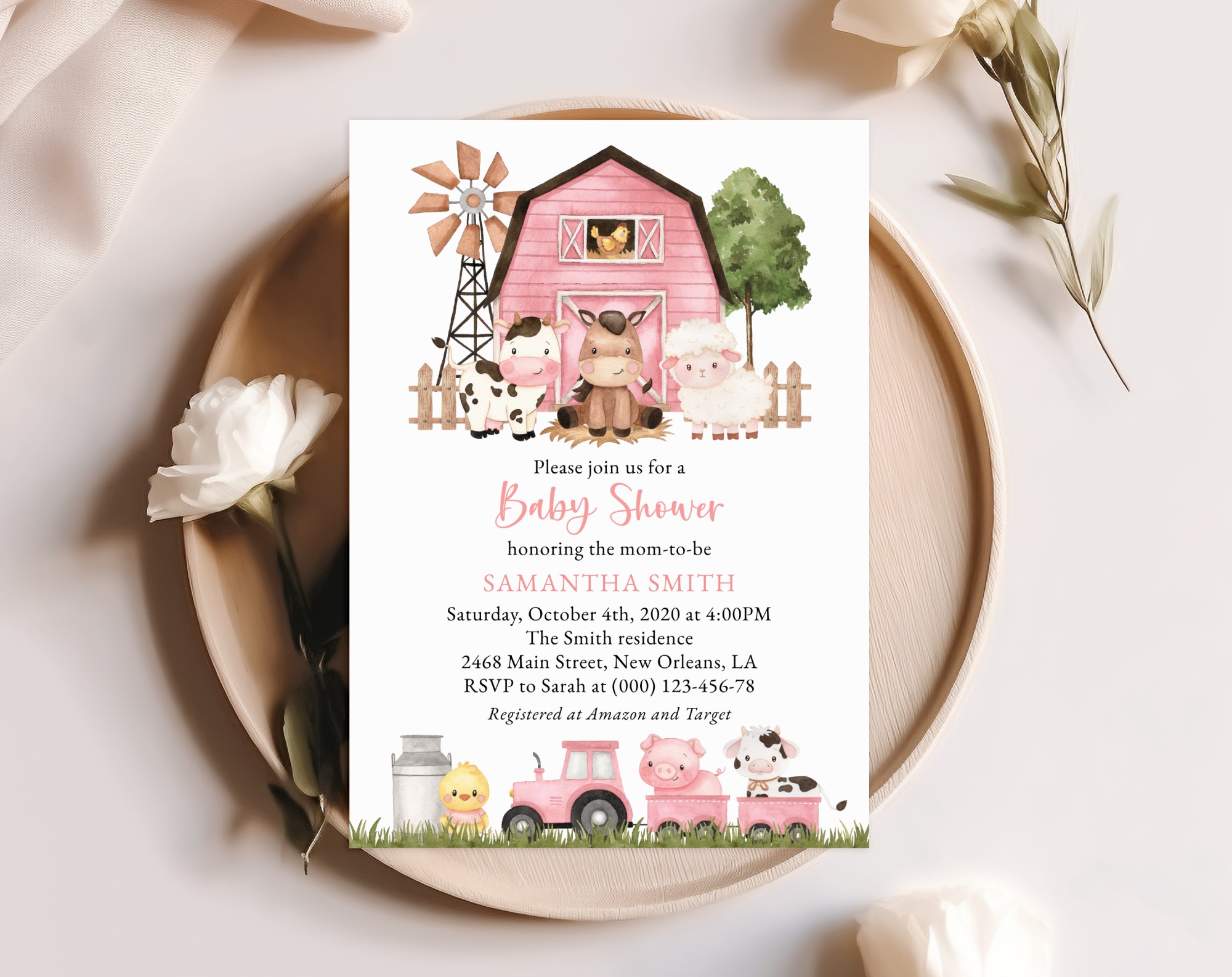 Farm Animals and Pink Barn Baby Shower Invitation, Girl Baby Shower, Printable File, Edit Yourself, SH98 Farm Animals and Pink Barn Baby Shower Invitation, Girl Baby Shower, Printable File, Edit Yourself, SH98