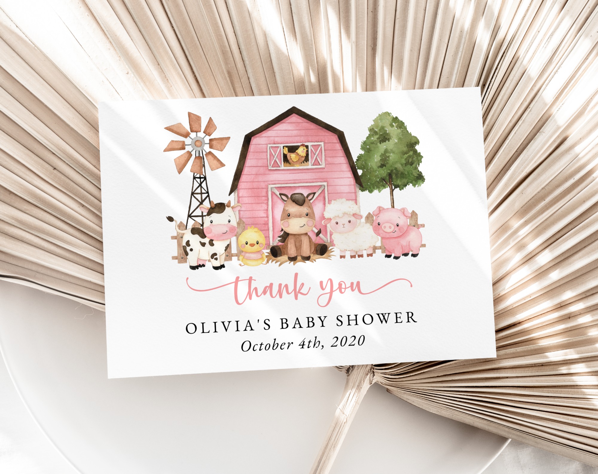 Farm Animals and Pink Barn Thank You Card, Girl Baby Shower, Printable File, Edit Yourself, SH98