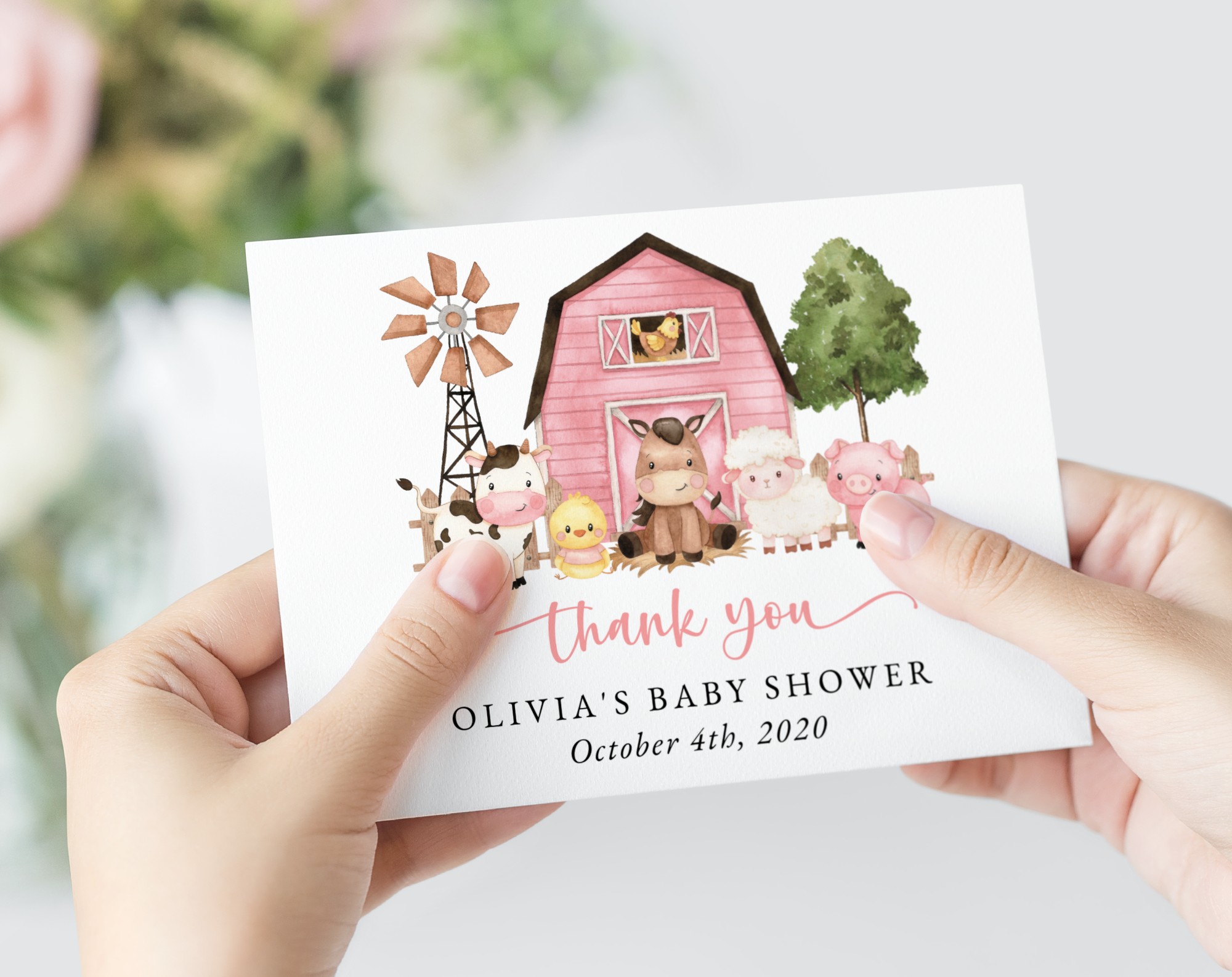 Farm Animals and Pink Barn Thank You Card, Girl Baby Shower, Printable File, Edit Yourself, SH98