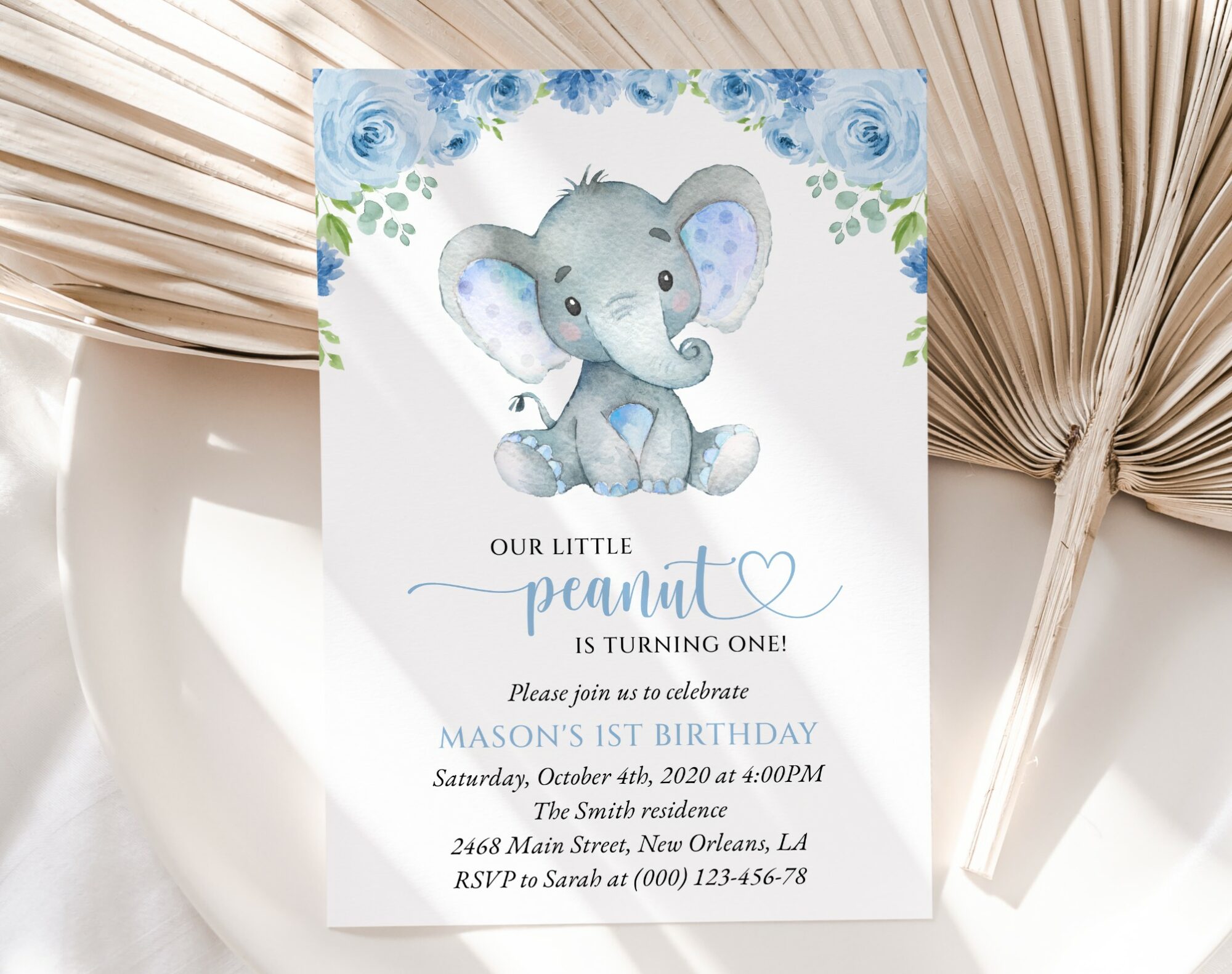 Baby Elephant First Birthday Invitation, Birthday Stationery, Boy Birthday, Printable File, Edit Yourself, SH99
