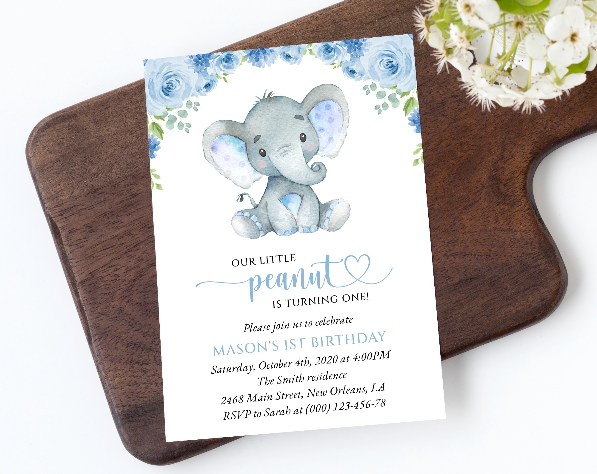 Baby Elephant First Birthday Invitation, Birthday Stationery, Boy Birthday, Printable File, Edit Yourself, SH99