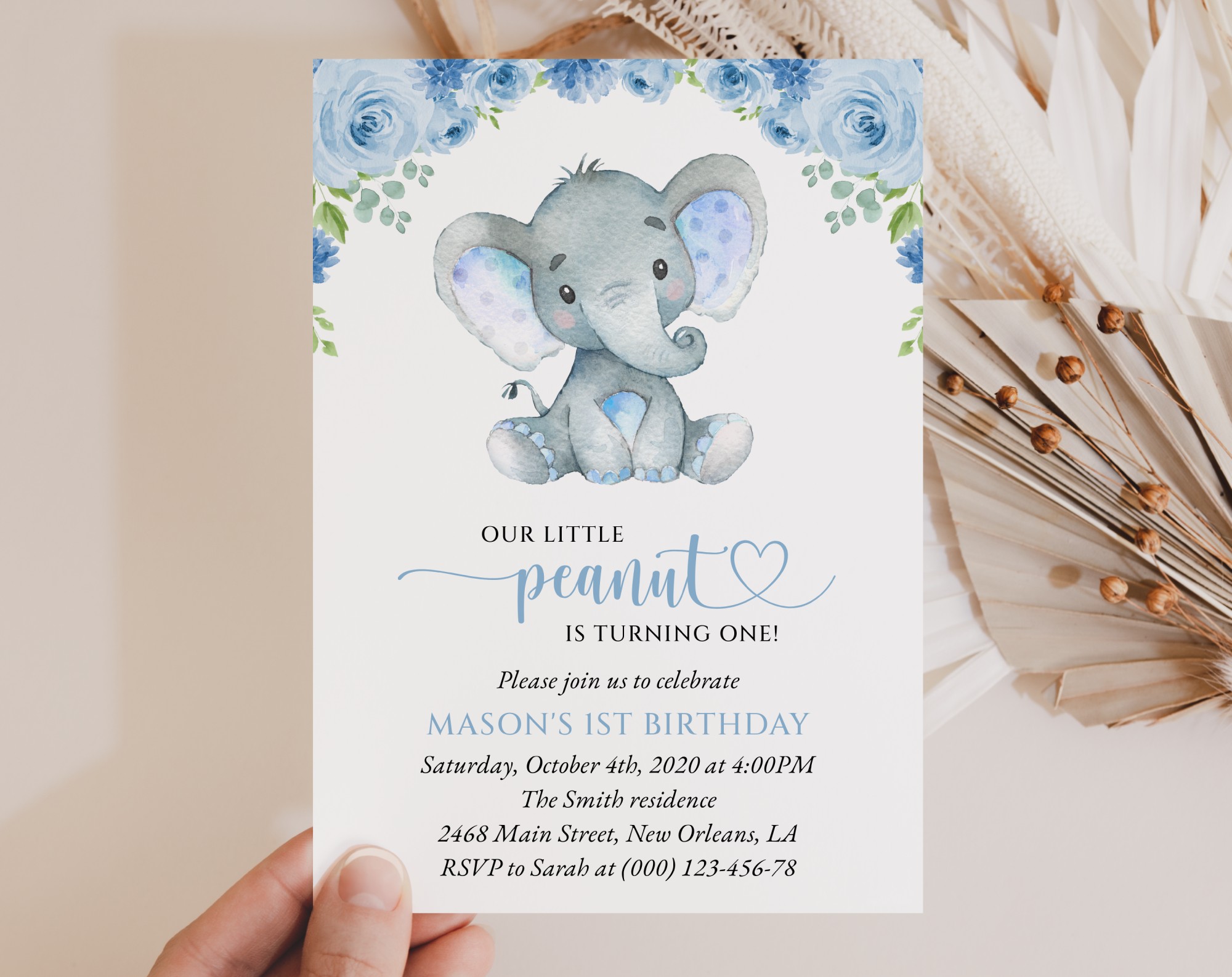 Baby Elephant First Birthday Invitation, Birthday Stationery, Boy Birthday, Printable File, Edit Yourself, SH99