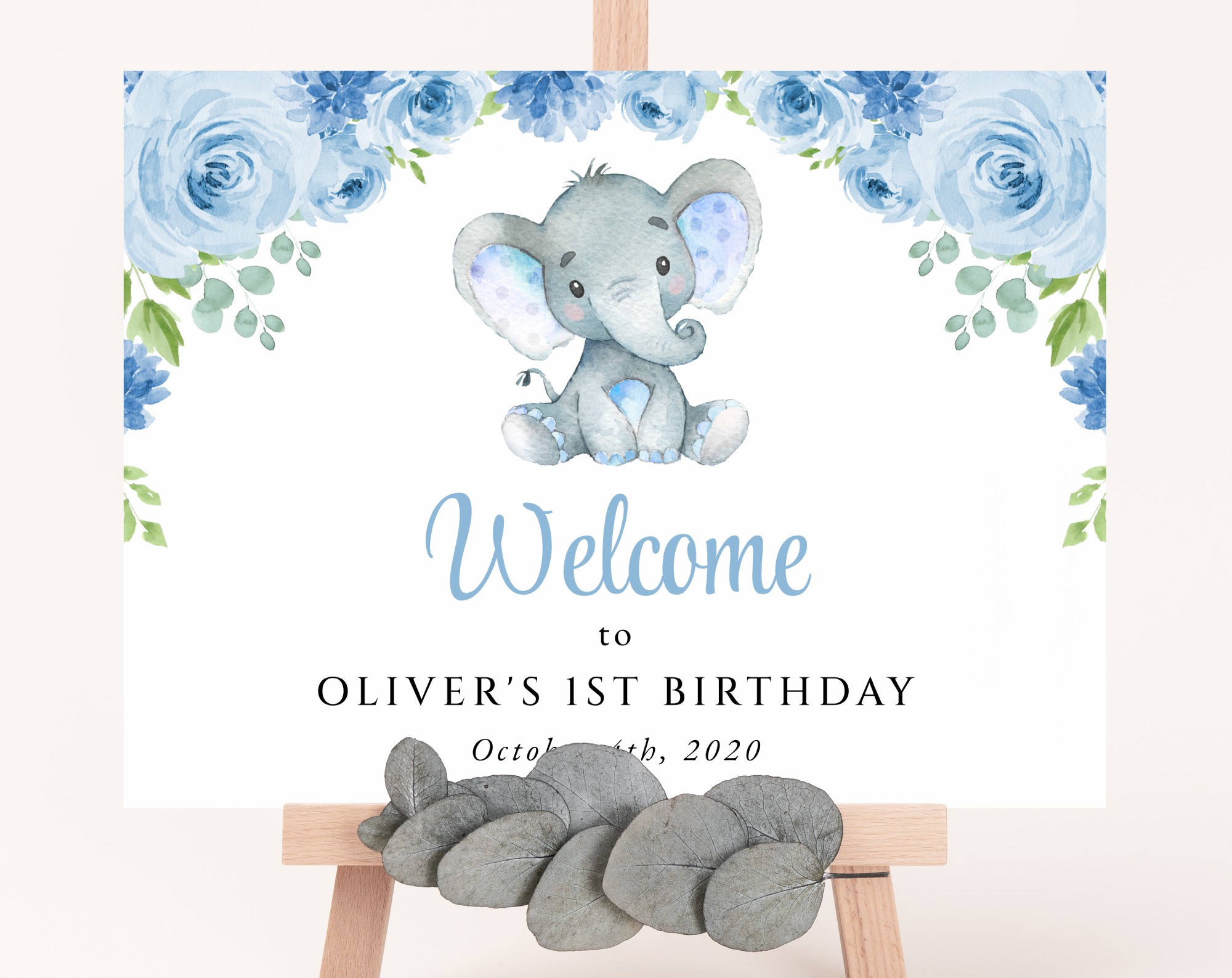 Baby Elephant Welcome Sign, Birthday Sign, First Birthday, Boy Birthday, Printable File, Edit Yourself, SH99