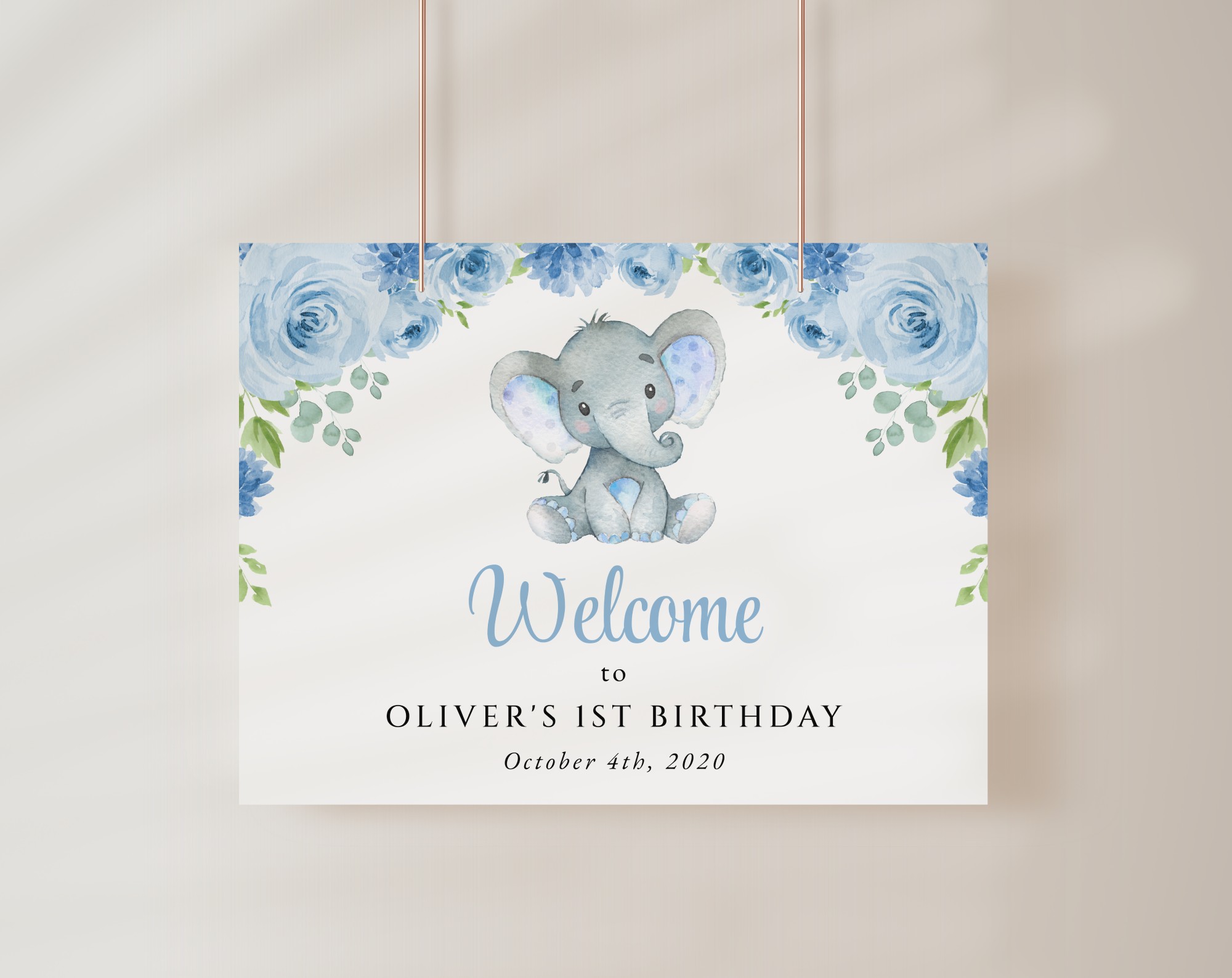 Baby Elephant Welcome Sign, Birthday Sign, First Birthday, Boy Birthday, Printable File, Edit Yourself, SH99