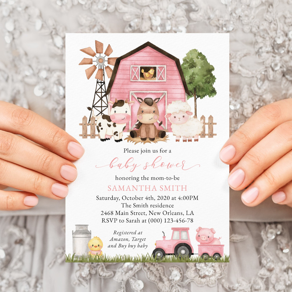 Farm Animals and Pink Barn Baby Shower Invitation, Girl Baby Shower, Printable File, Edit Yourself, SH98
