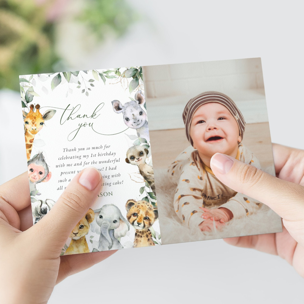Wild Animals Thank You Card, First Birthday, Boy Birthday, Printable File, Edit Yourself, SH32