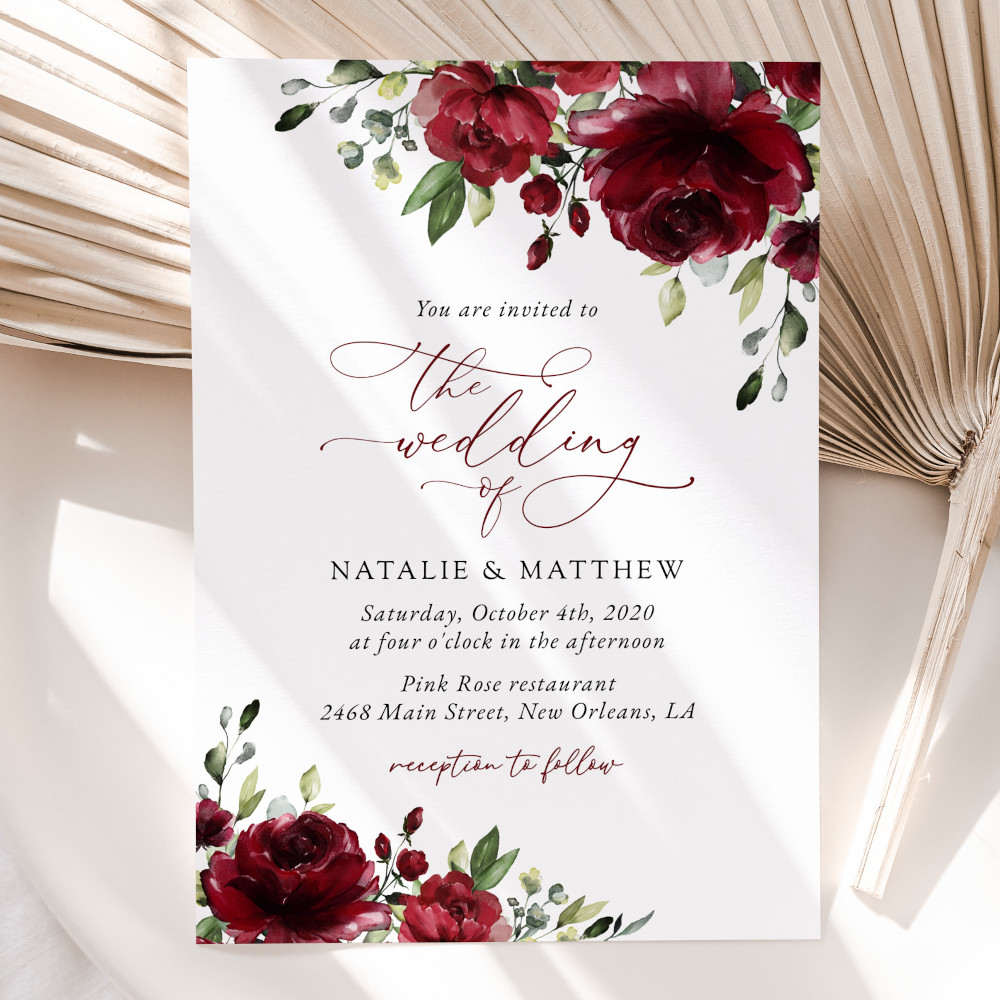 Burgundy Flowers Wedding Invitation, Wedding Stationery, Printable File, Edit Yourself, SH02