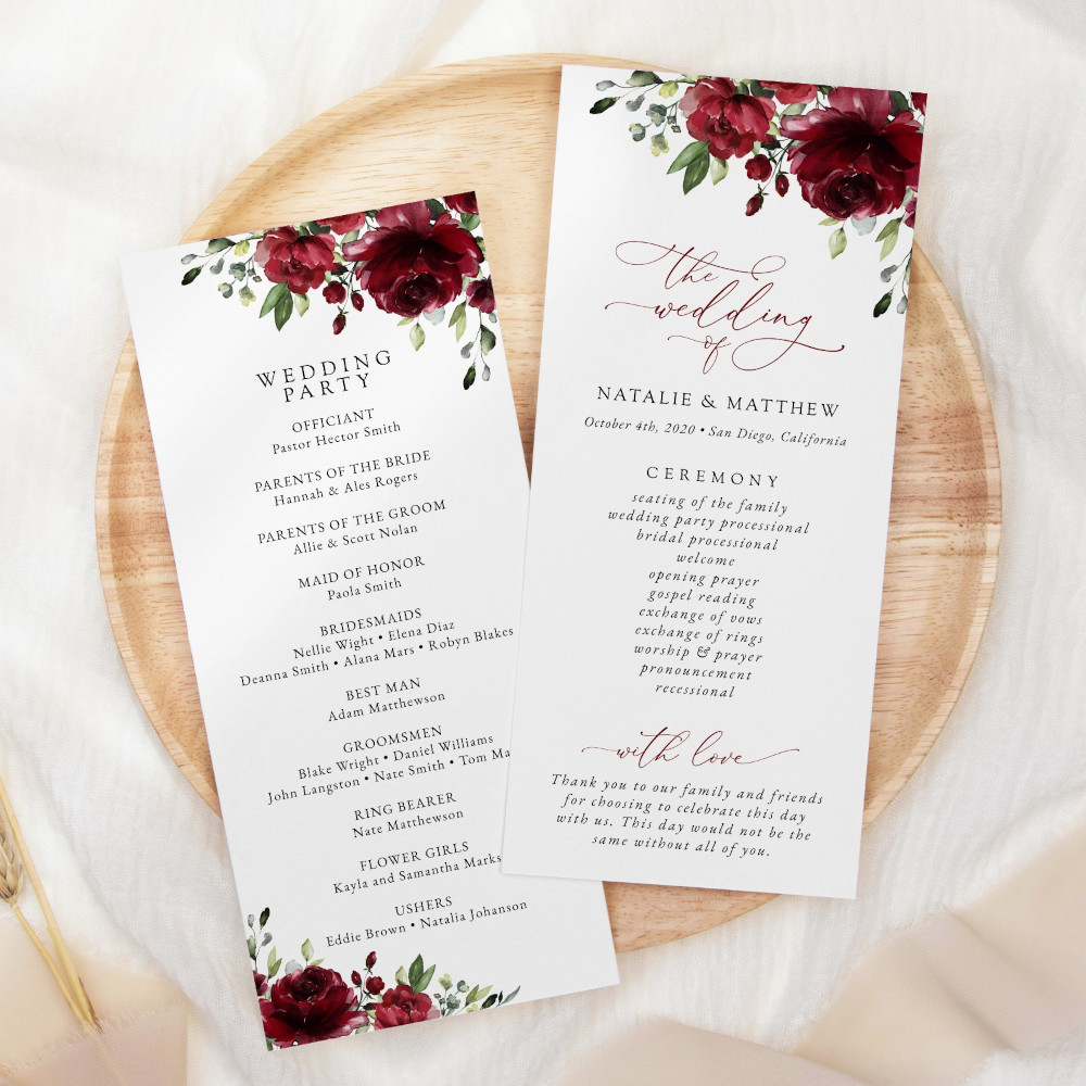 Burgundy Flowers Wedding Program, Wedding Stationery, Printable File, Edit Yourself, SH02