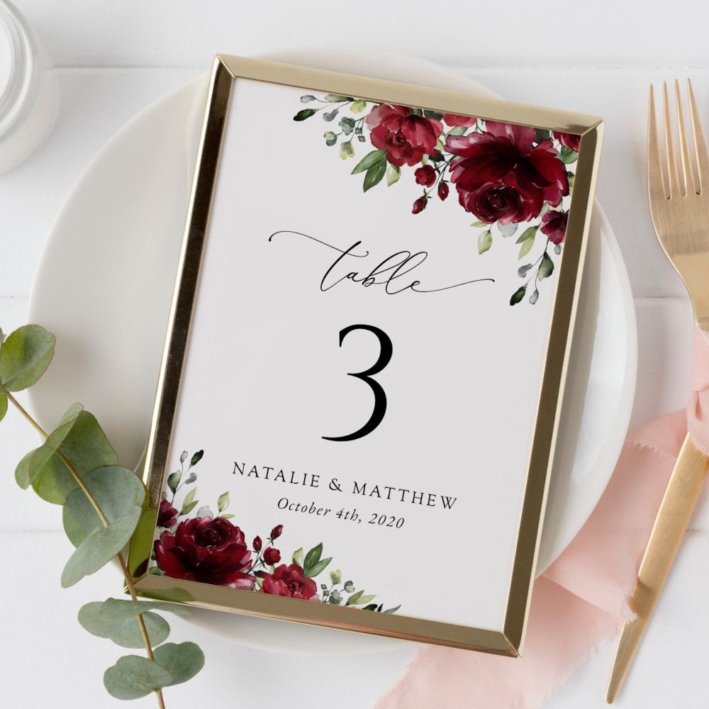Burgundy Flowers Table Number Sign, Wedding Sign, Printable File, Edit Yourself, SH02