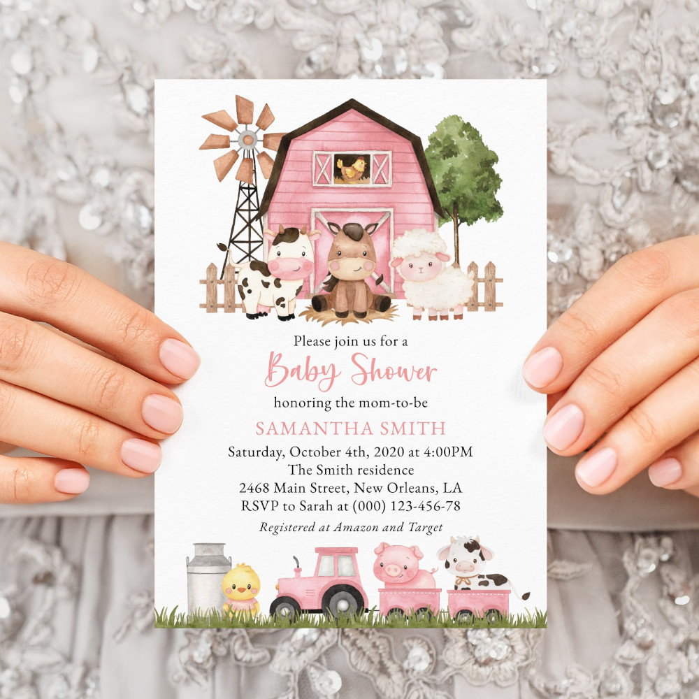 Farm Animals and Pink Barn Baby Shower Invitation, Girl Baby Shower, Printable File, Edit Yourself, SH98