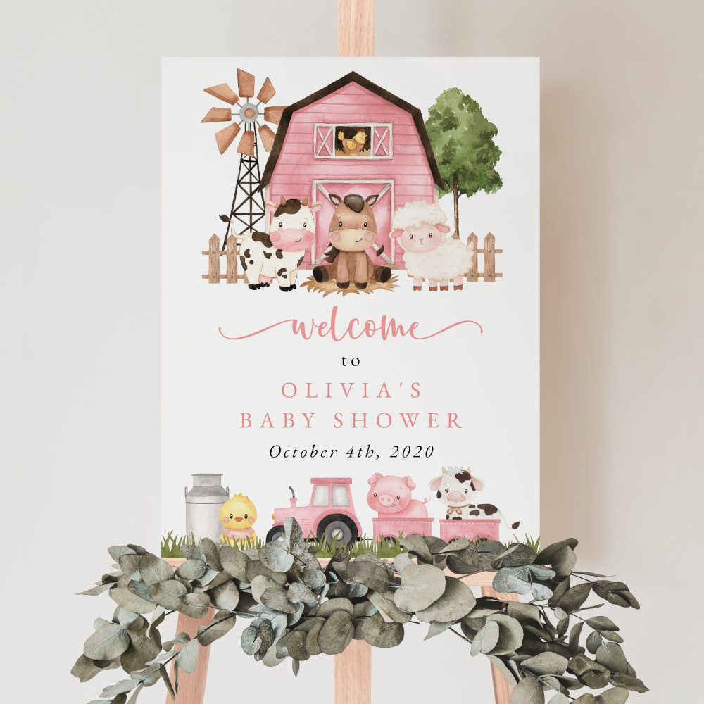 Farm Animals and Pink Barn Welcome Sign, Baby Shower Sign, Girl Baby Shower, Printable File, Edit Yourself, SH98