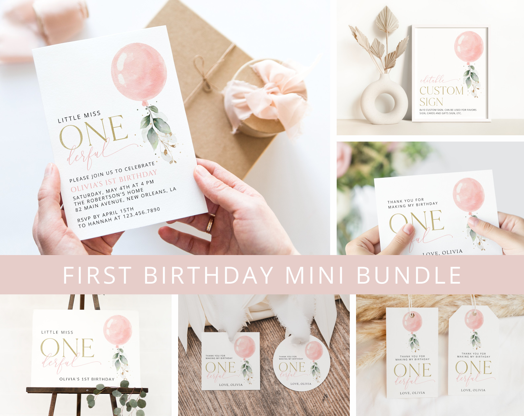 Pink Balloon First Birthday Mini Bundle, Girl Birthday, Printable File, Edit Yourself, SH101