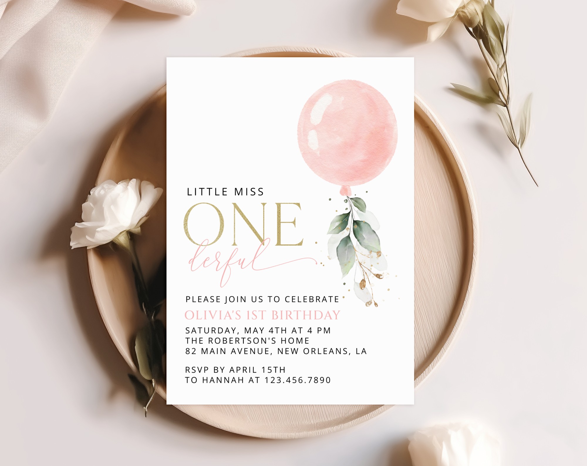 Pink Balloon First Birthday Invitation, Birthday Stationery, Girl Birthday, Printable File, Edit Yourself, SH101