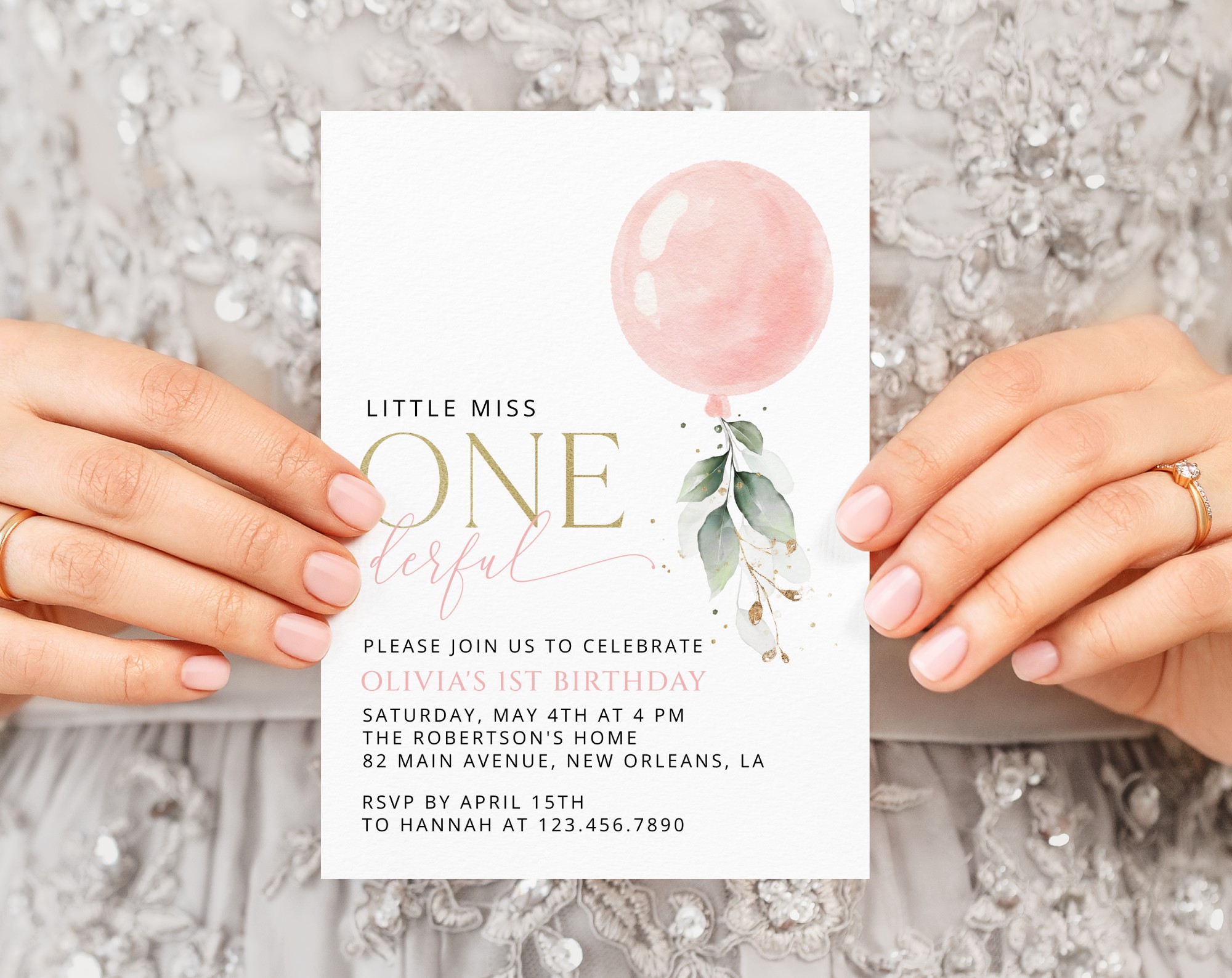 Pink Balloon First Birthday Invitation, Birthday Stationery, Girl Birthday, Printable File, Edit Yourself, SH101