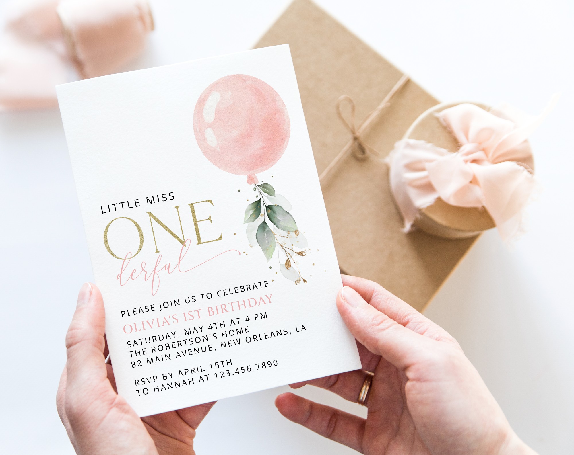 Pink Balloon First Birthday Invitation, Birthday Stationery, Girl Birthday, Printable File, Edit Yourself, SH101