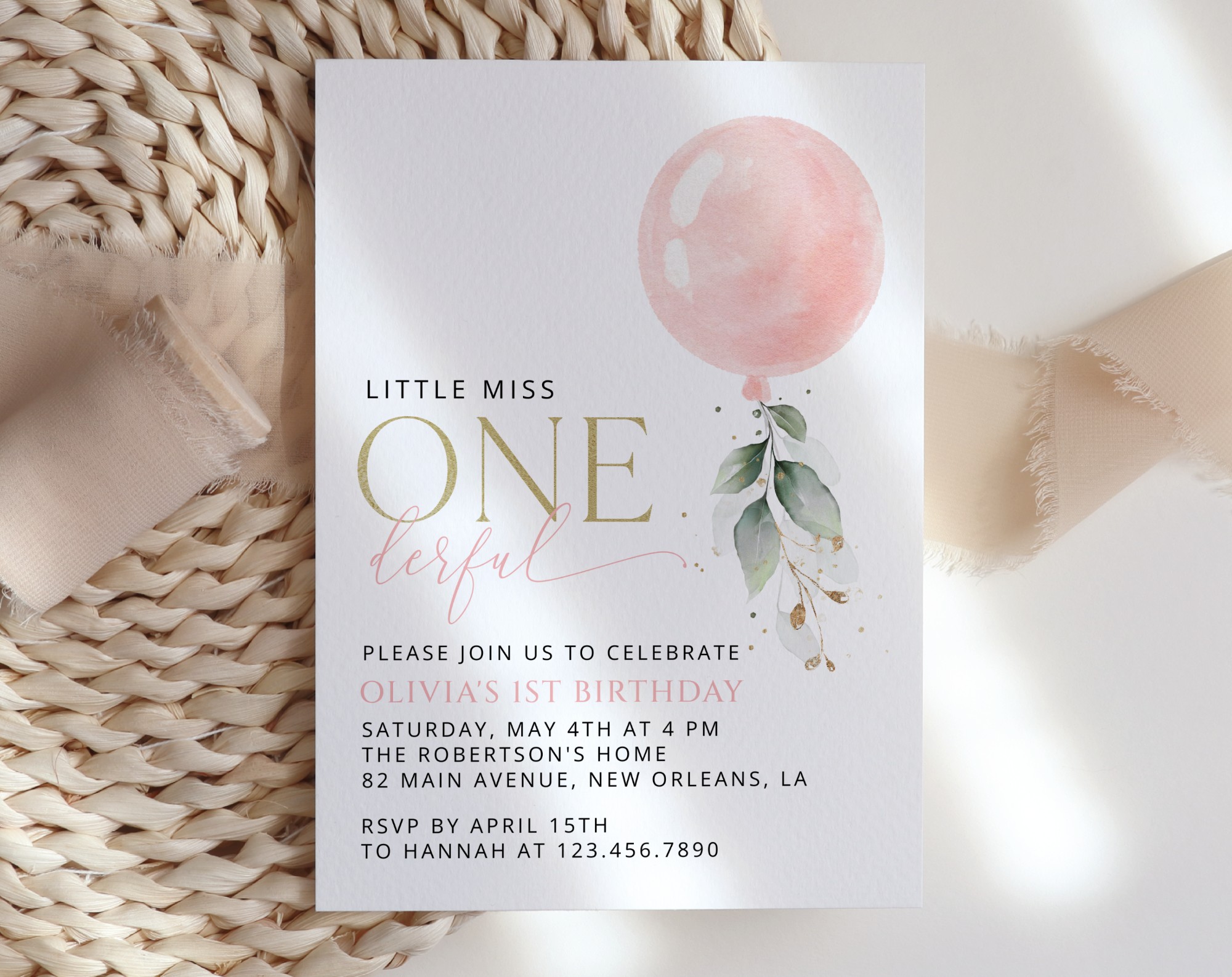 Pink Balloon First Birthday Invitation, Birthday Stationery, Girl Birthday, Printable File, Edit Yourself, SH101