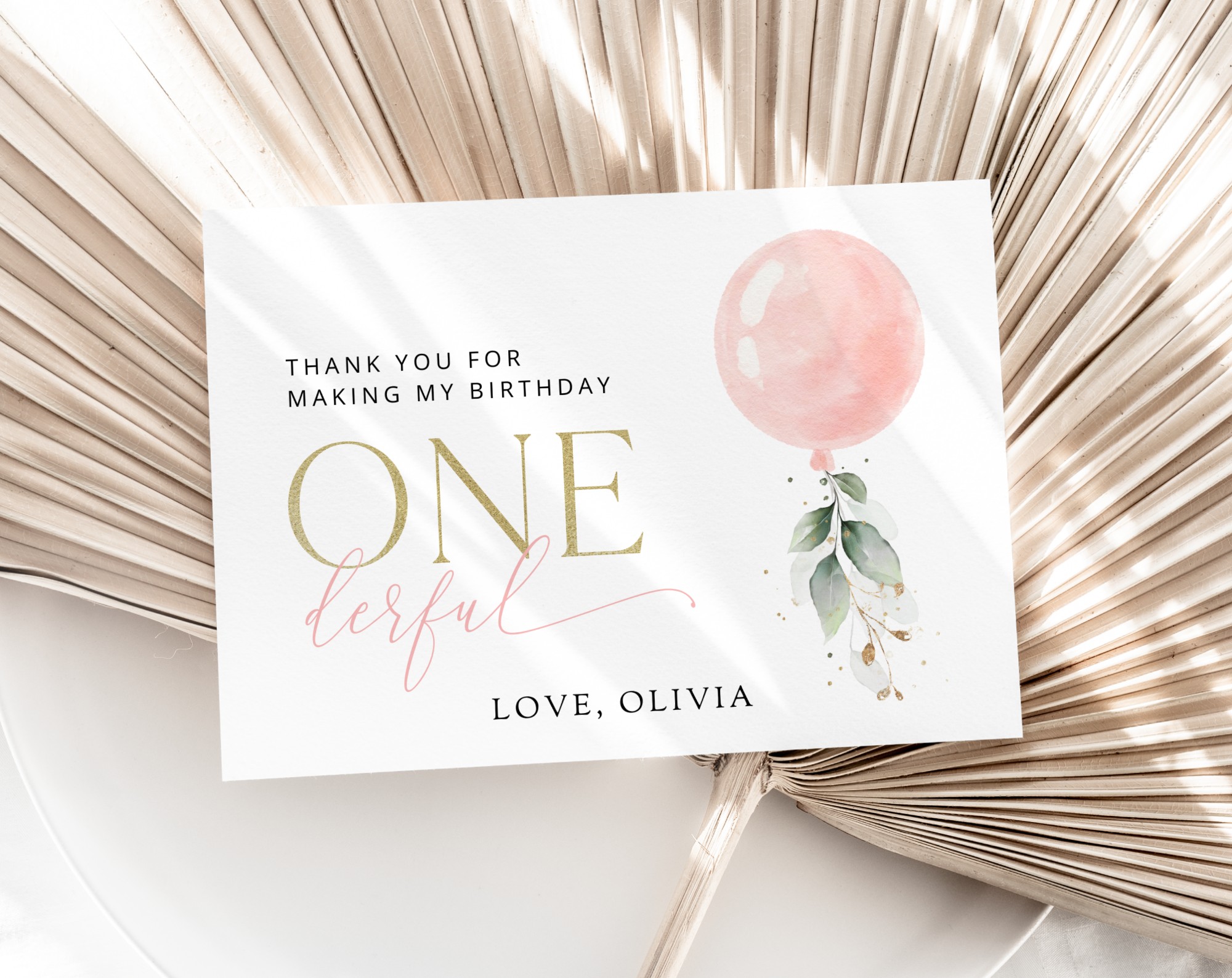 Pink Balloon Thank You Card, First Birthday, Girl Birthday, Printable File, Edit Yourself, SH101