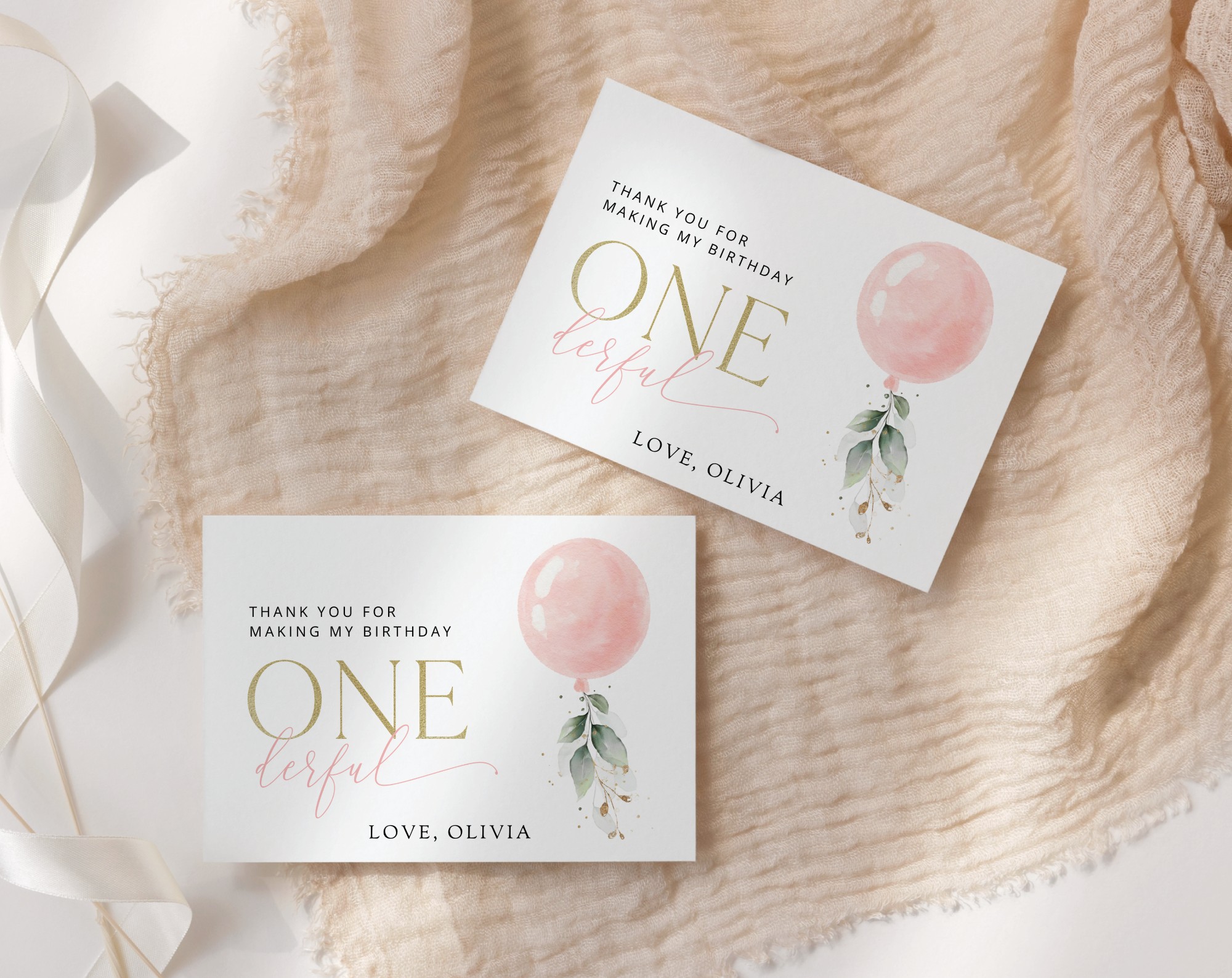 Pink Balloon Thank You Card, First Birthday, Girl Birthday, Printable File, Edit Yourself, SH101