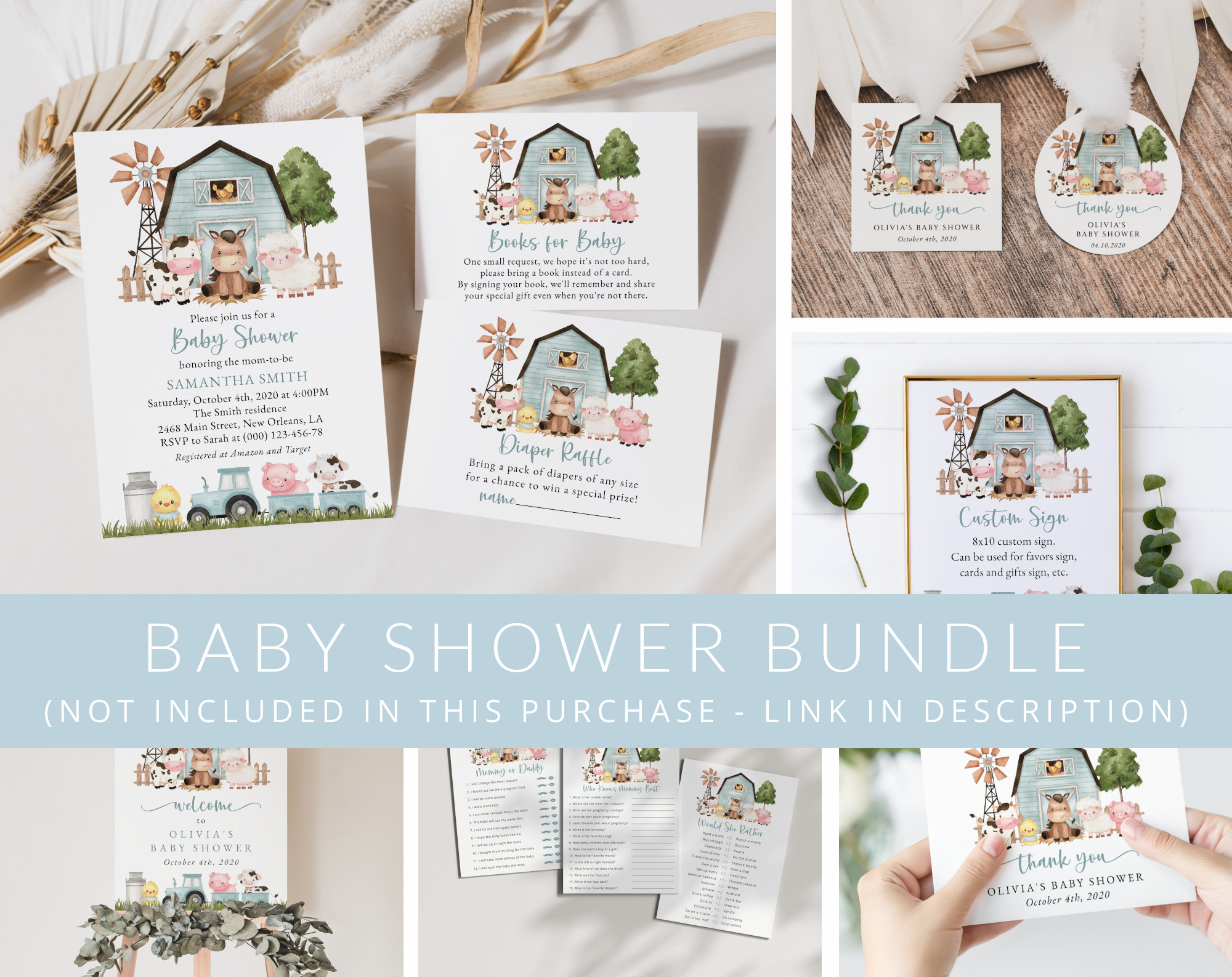Farm Animals and Blue Barn Baby Shower Mini Bundle, Boy Baby Shower, Printable File, Edit Yourself, SH102 Farm Animals and Blue Barn Baby Shower Mini Bundle, Boy Baby Shower, Printable File, Edit Yourself, SH102