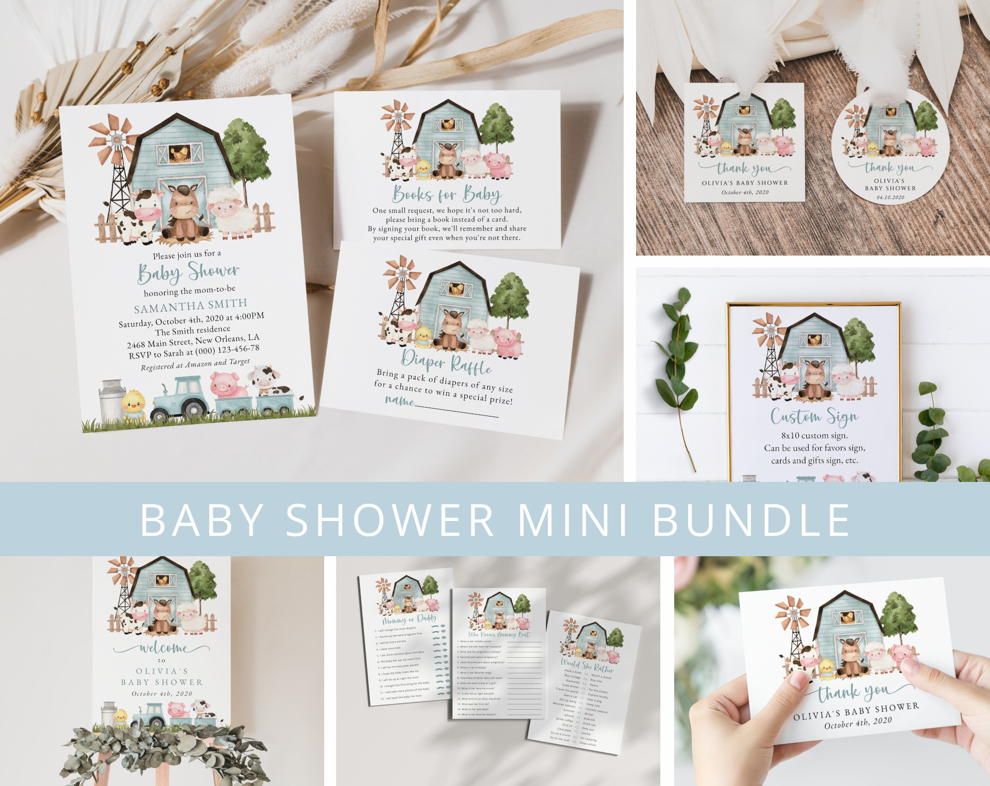 Farm Animals and Blue Barn Baby Shower Mini Bundle, Boy Baby Shower, Printable File, Edit Yourself, SH102