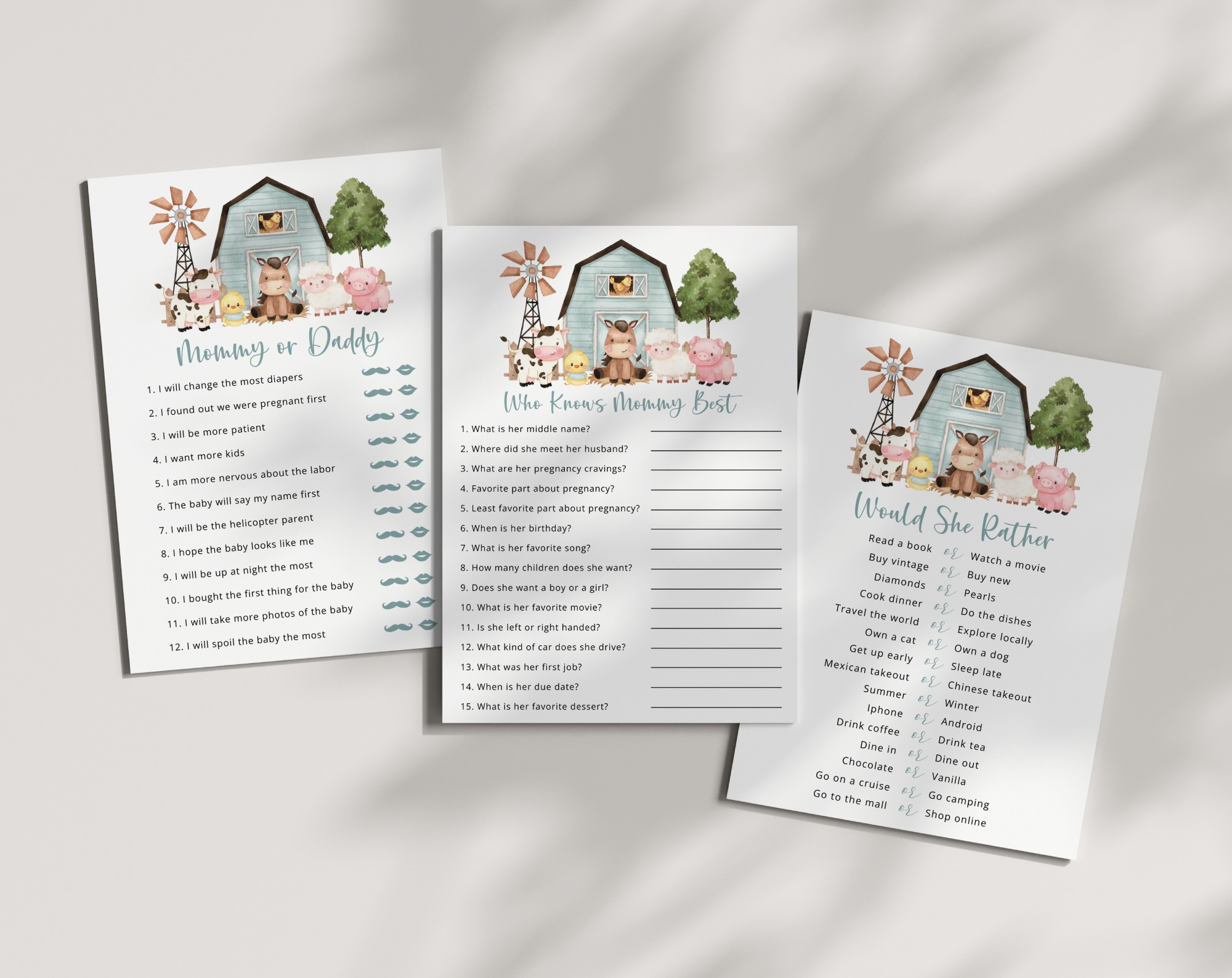 Farm Animals and Blue Barn Baby Shower Games, Set of 3 Games, Boy Baby Shower, Printable File, Edit Yourself, SH102