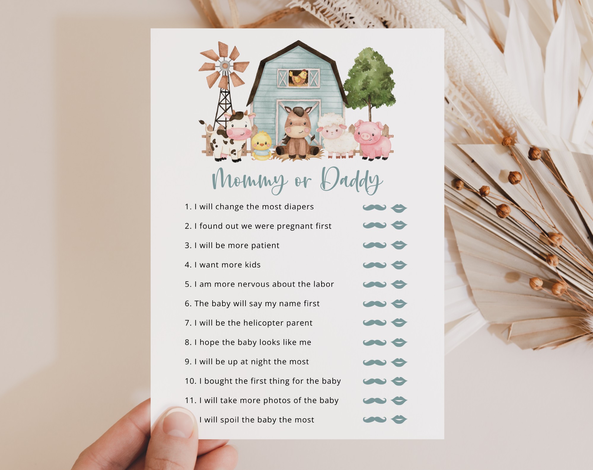 Farm Animals and Blue Barn Baby Shower Games, Set of 3 Games, Boy Baby Shower, Printable File, Edit Yourself, SH102