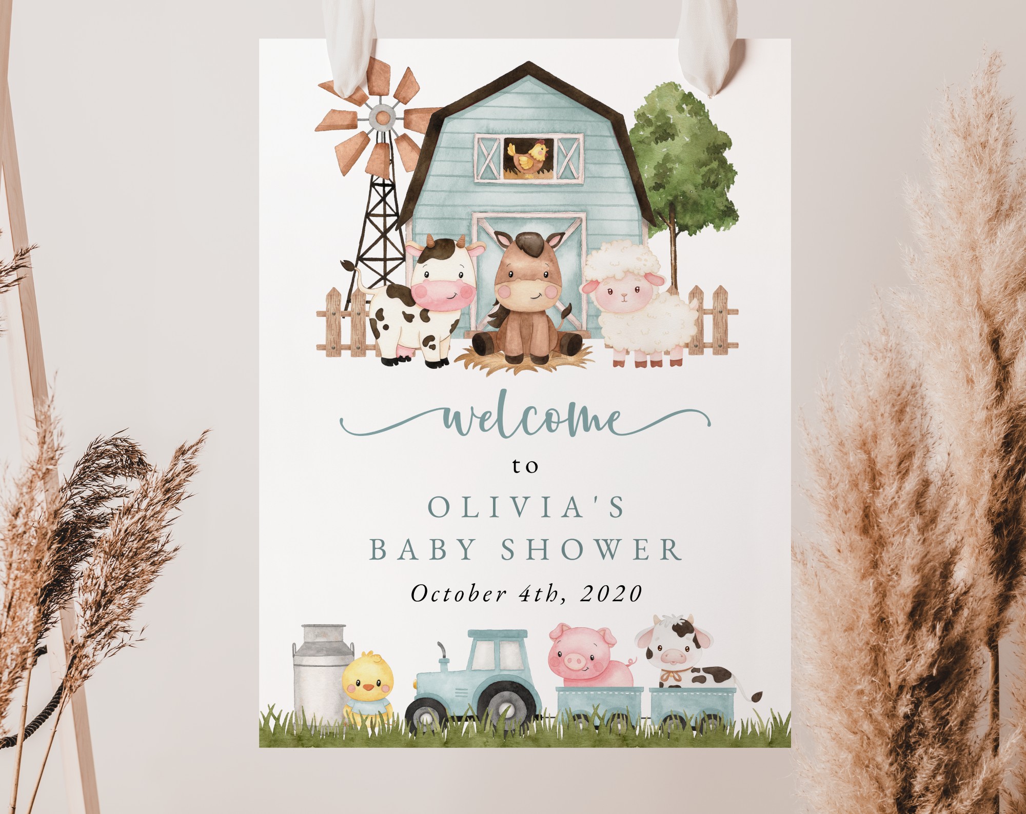 Farm Animals and Blue Barn Welcome Sign, Baby Shower Sign, Boy Baby Shower, Printable File, Edit Yourself, SH102