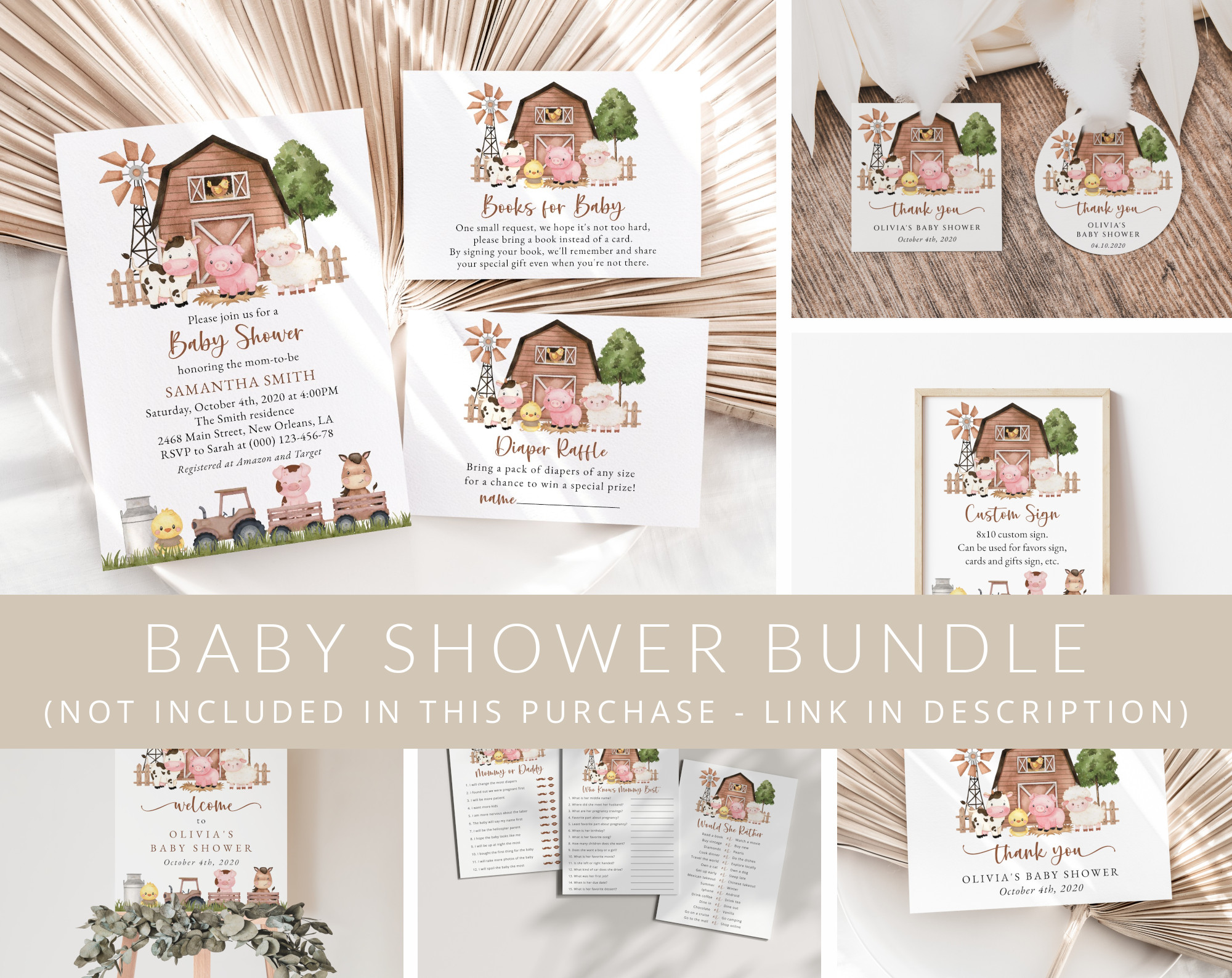 Farm Animals and Brown Barn Baby Shower Mini Bundle, Gender Neutral Baby Shower, Printable File, Edit Yourself, SH103