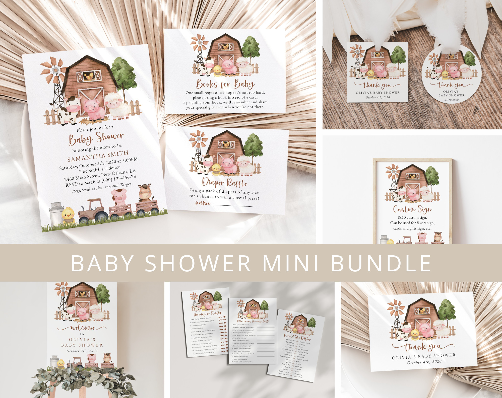 Farm Animals and Brown Barn Baby Shower Mini Bundle, Gender Neutral Baby Shower, Printable File, Edit Yourself, SH103