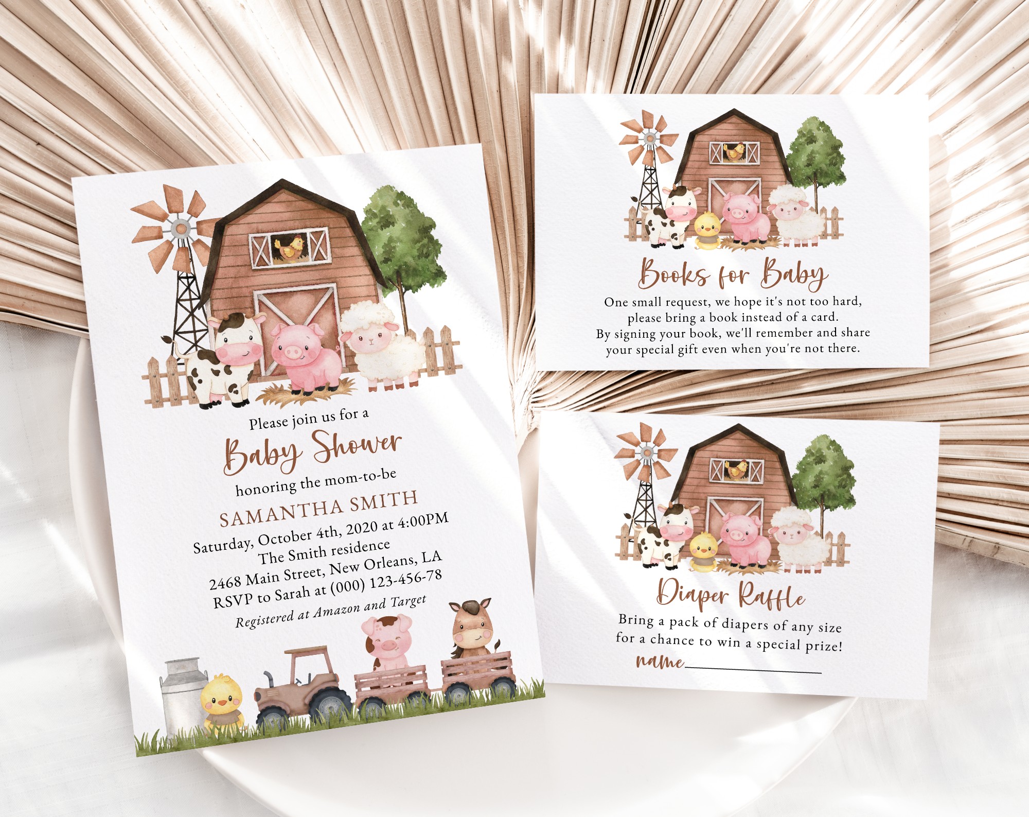 Farm Animals and Brown Barn Baby Shower Invitation Suite, Gender Neutral Baby Shower, Printable File, Edit Yourself, SH103