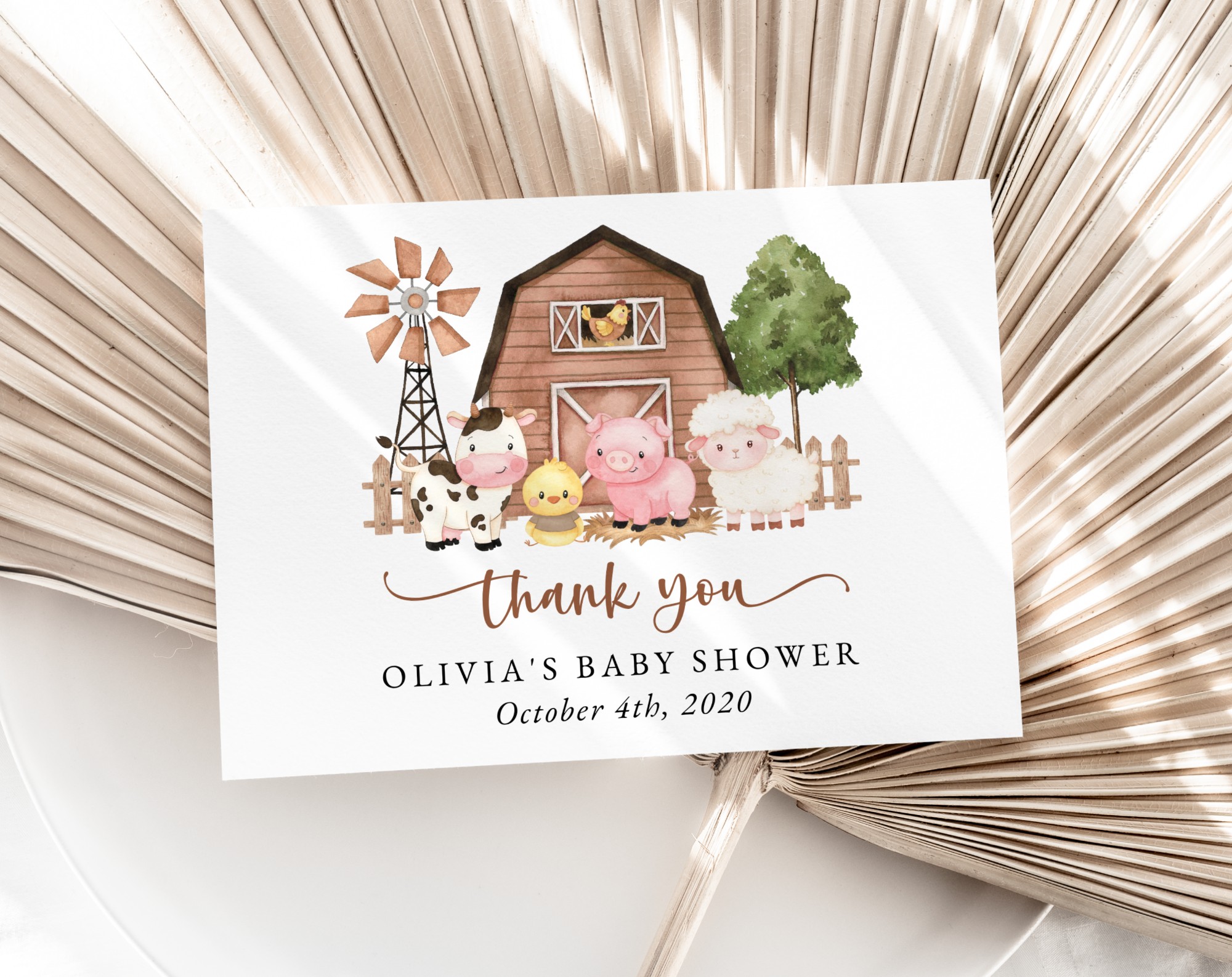 Farm Animals and Brown Barn Thank You Card, Gender Neutral Baby Shower, Printable File, Edit Yourself, SH103
