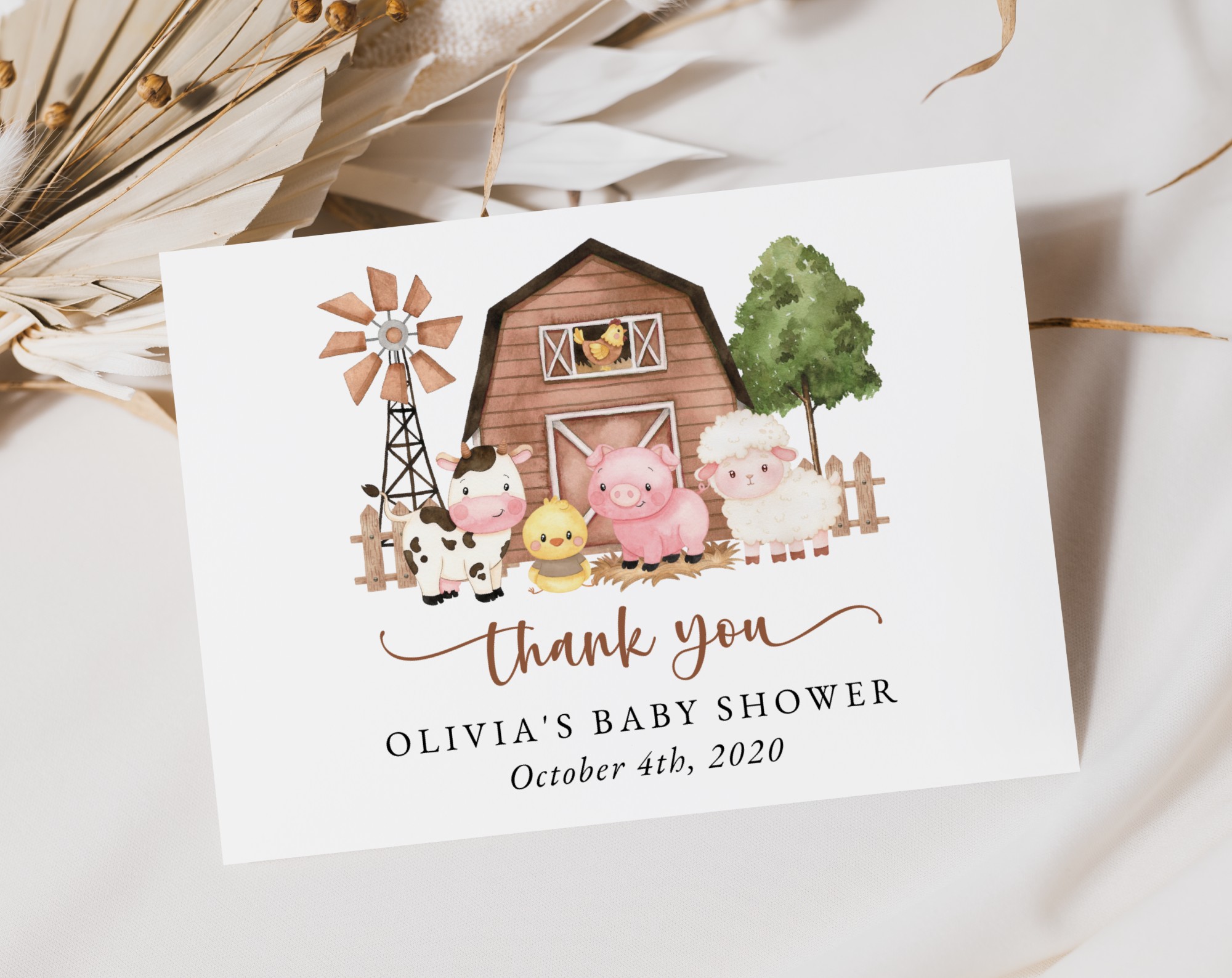 Farm Animals and Brown Barn Thank You Card, Gender Neutral Baby Shower, Printable File, Edit Yourself, SH103