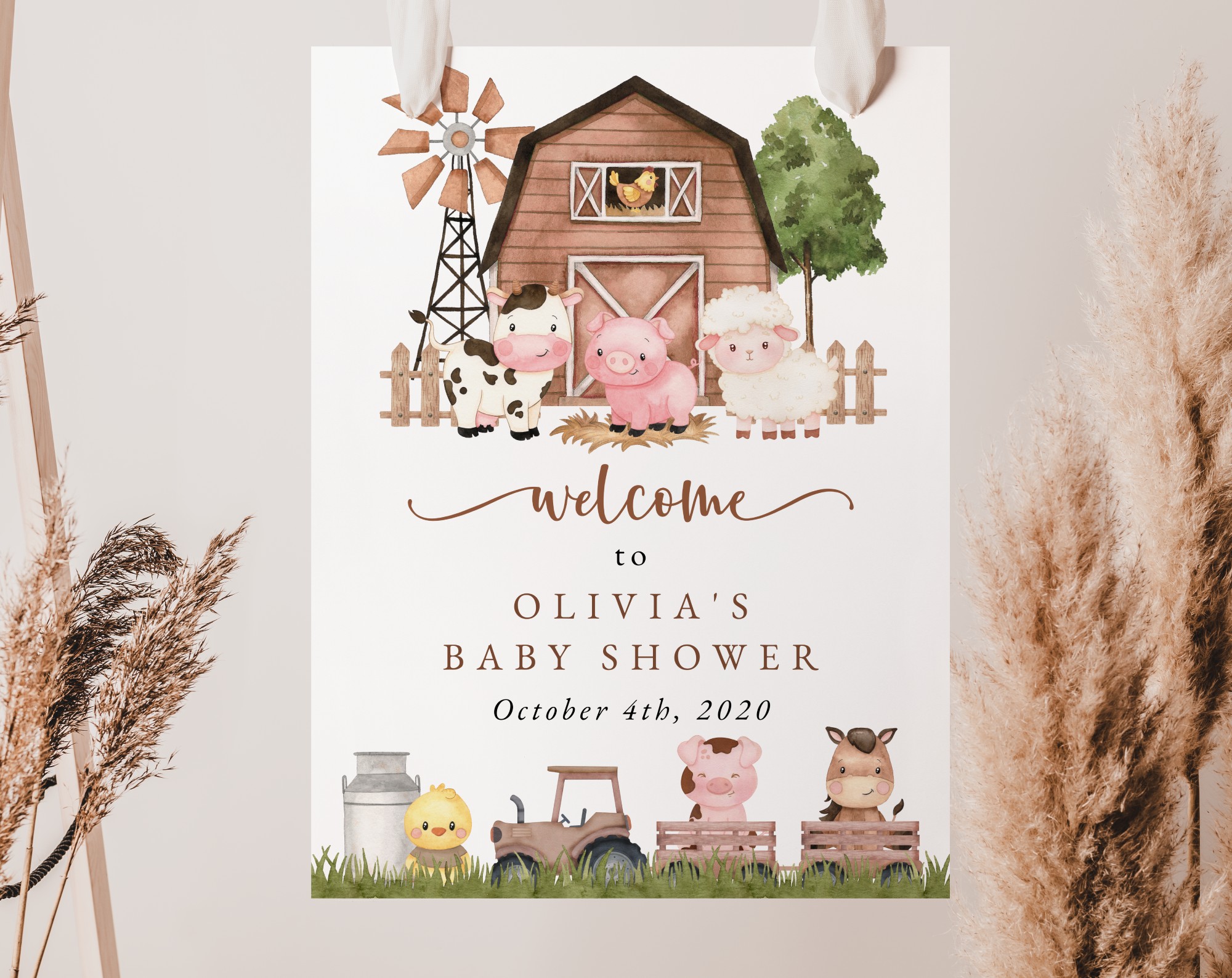 Farm Animals and Brown Barn Welcome Sign, Baby Shower Sign, Gender Neutral Baby Shower, Printable File, Edit Yourself, SH103